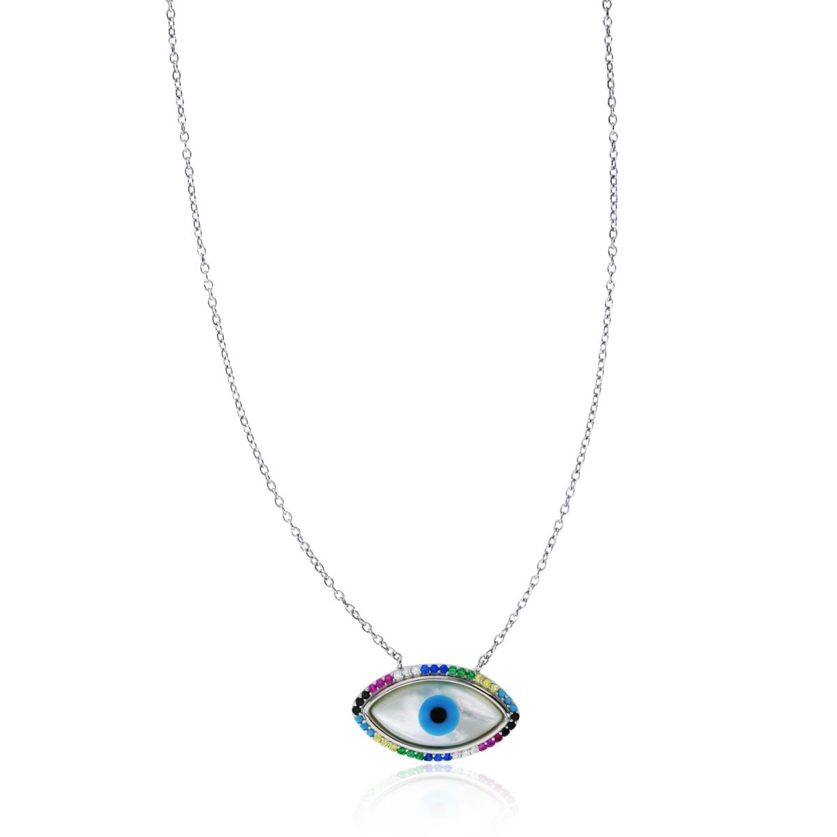 Sterling Silver Rhodium 20x13mm  Multi Color CZ & Enamel Evil Eye 16"+2" Necklace