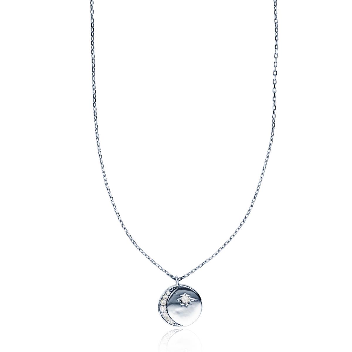 Sterling Silver Rhodium Paved Crescent Moon Circle 16"+2" Necklace