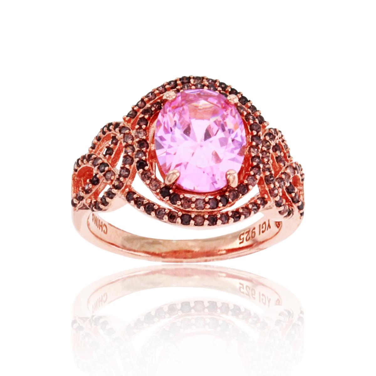 Sterling Silver Rhodium 1 Micron Ov/Rnd Pink & Brown CZ Double Halo Knot Ring