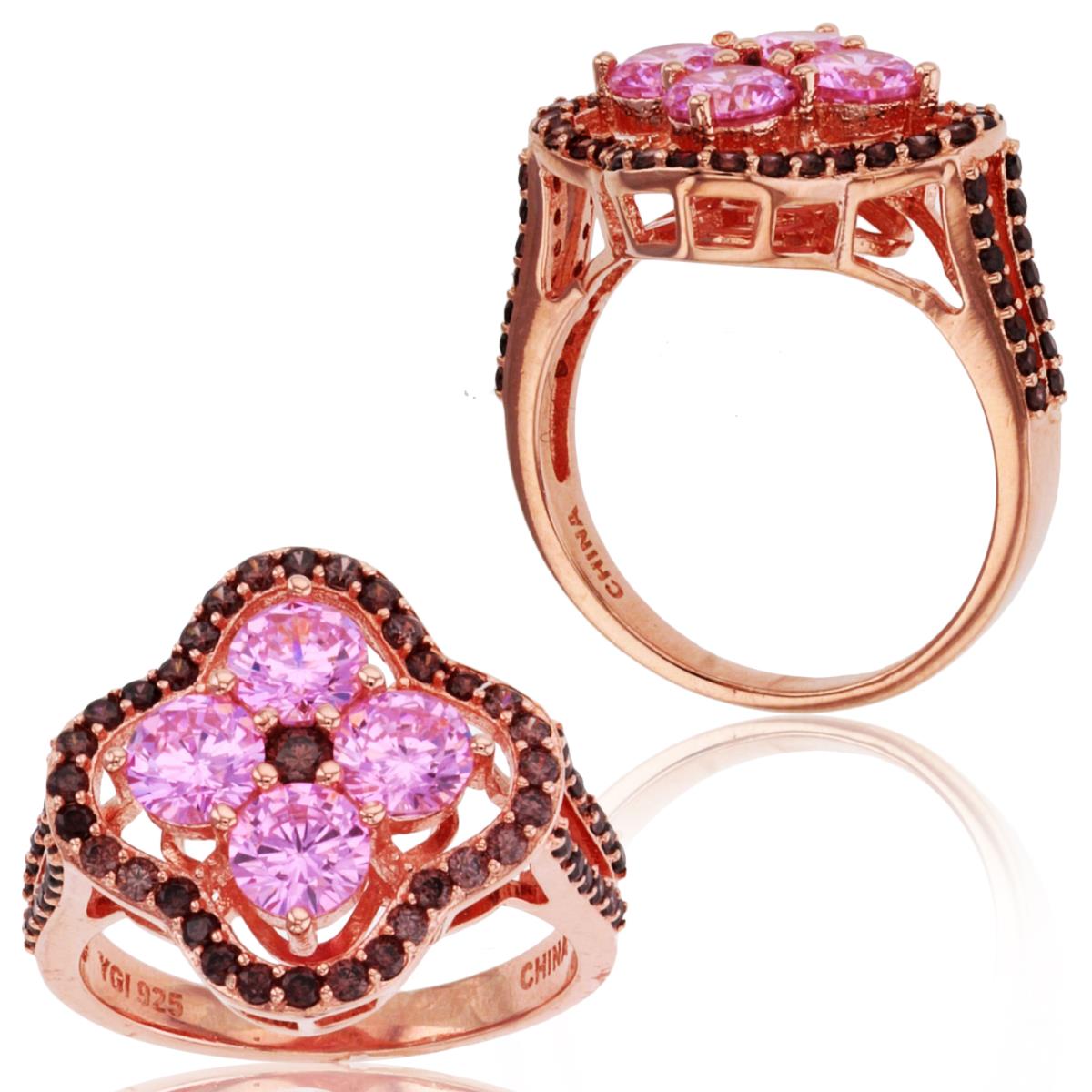Sterling Silver Rhodium 1 Micron Rnd Pink & Brown CZ Clover Ring