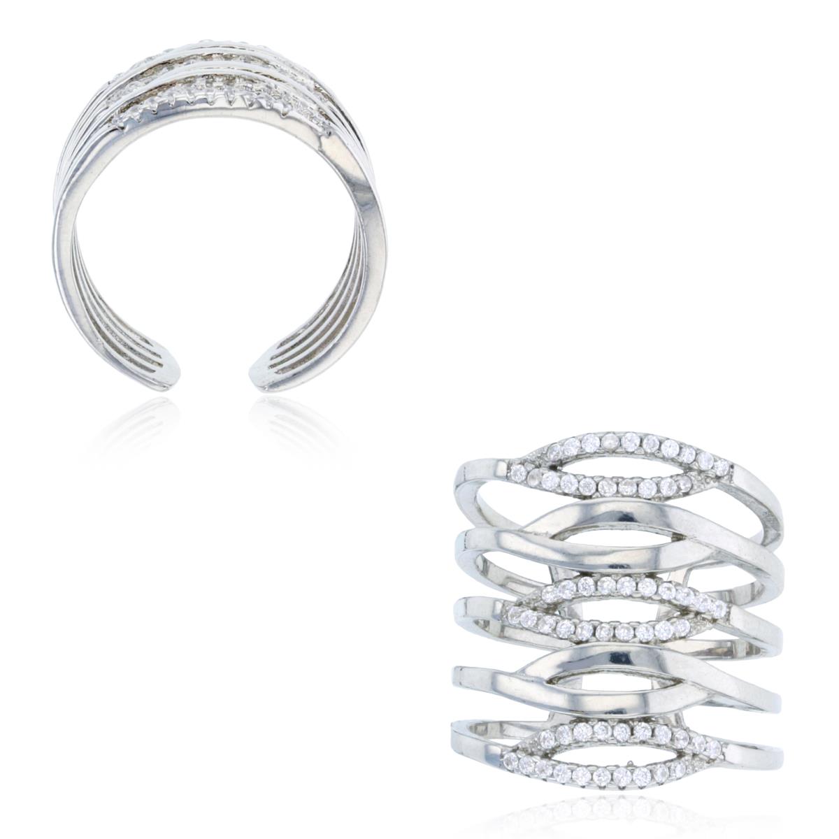 Sterling Silver Rhodium Multi Row 21mm Wide Adjustable Fashion Ring