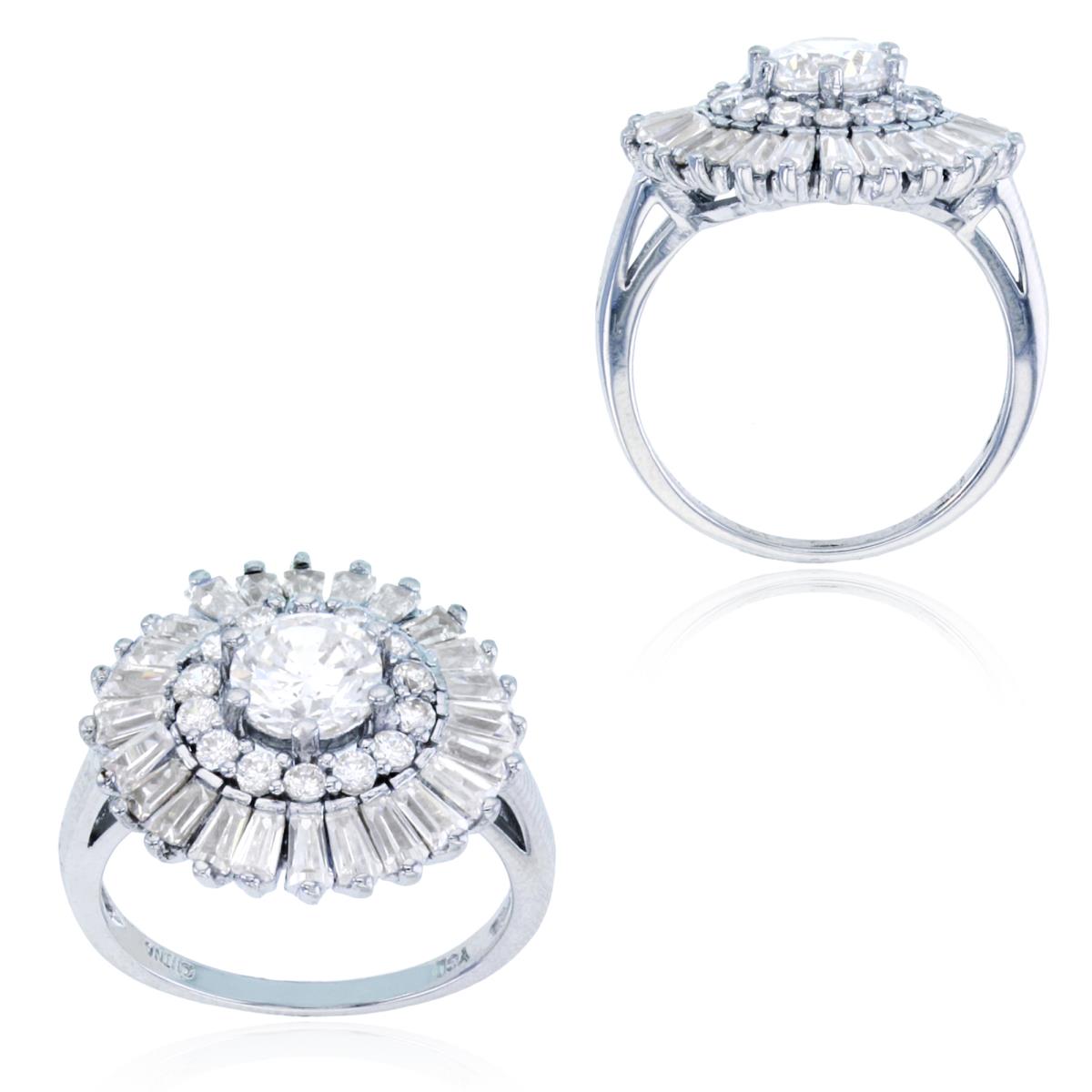 Sterling Silver Rhodium Round & Baguette CZ Sunflower Fashion Ring