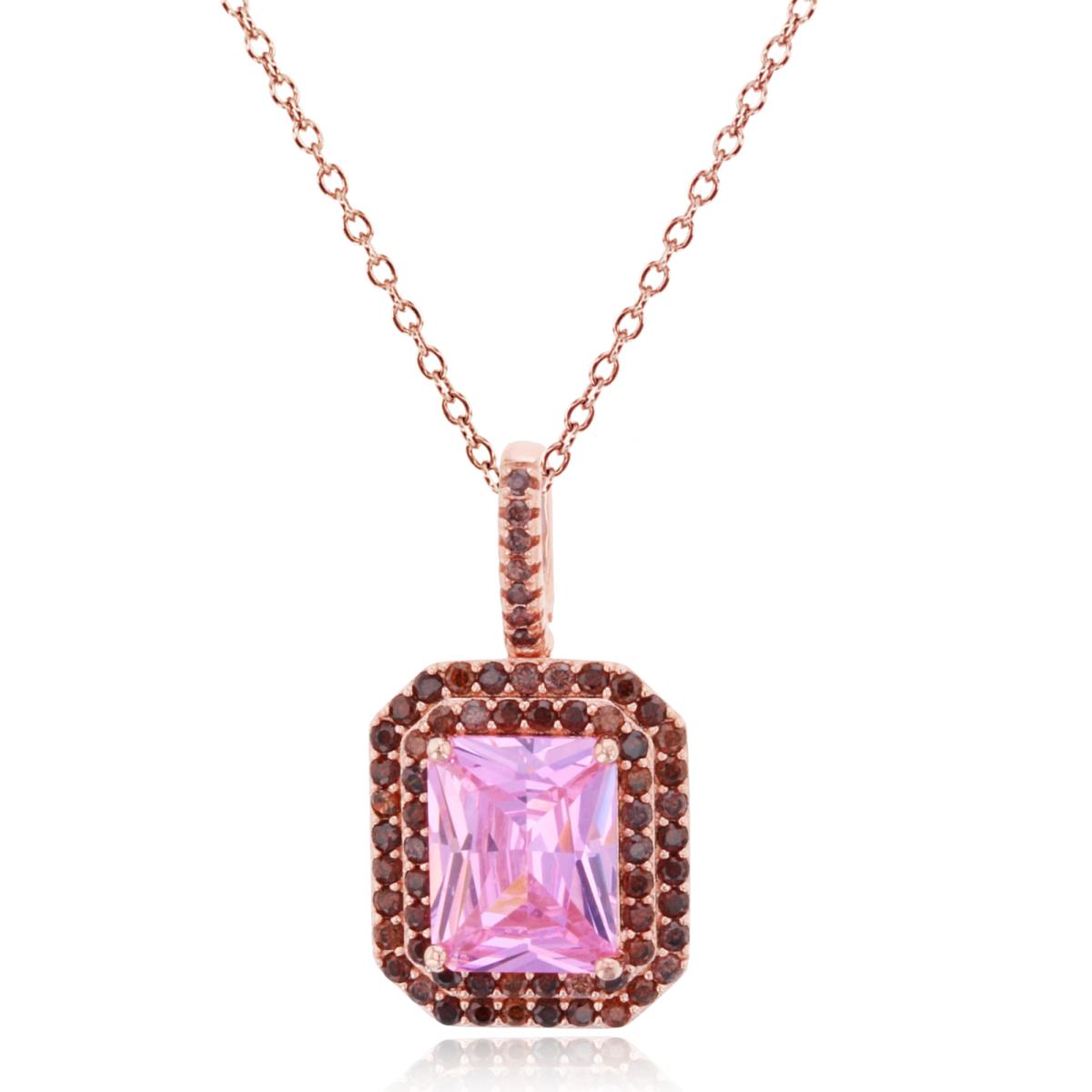 Sterling Silver Rose 1 Micron 10x8mm EC,Rnd Pink & Brown CZ Double Halo Octagon 18"Necklace
