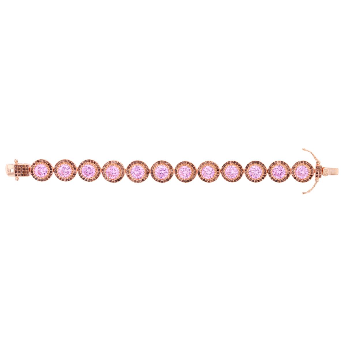 Sterling Silver Rhodium Rnd Pink & Brown CZ Milgrain Halo Circle Linked 7.5"Bracelet