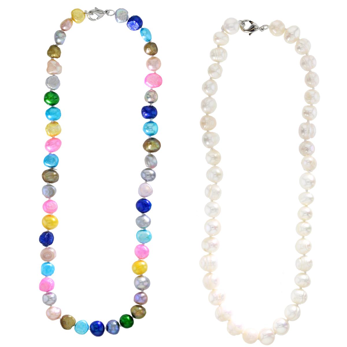 Sterling Silver Rhodium 8-9mm White & Multi Color Semi Baroque Fresh Water Pearls 18" Necklace Set