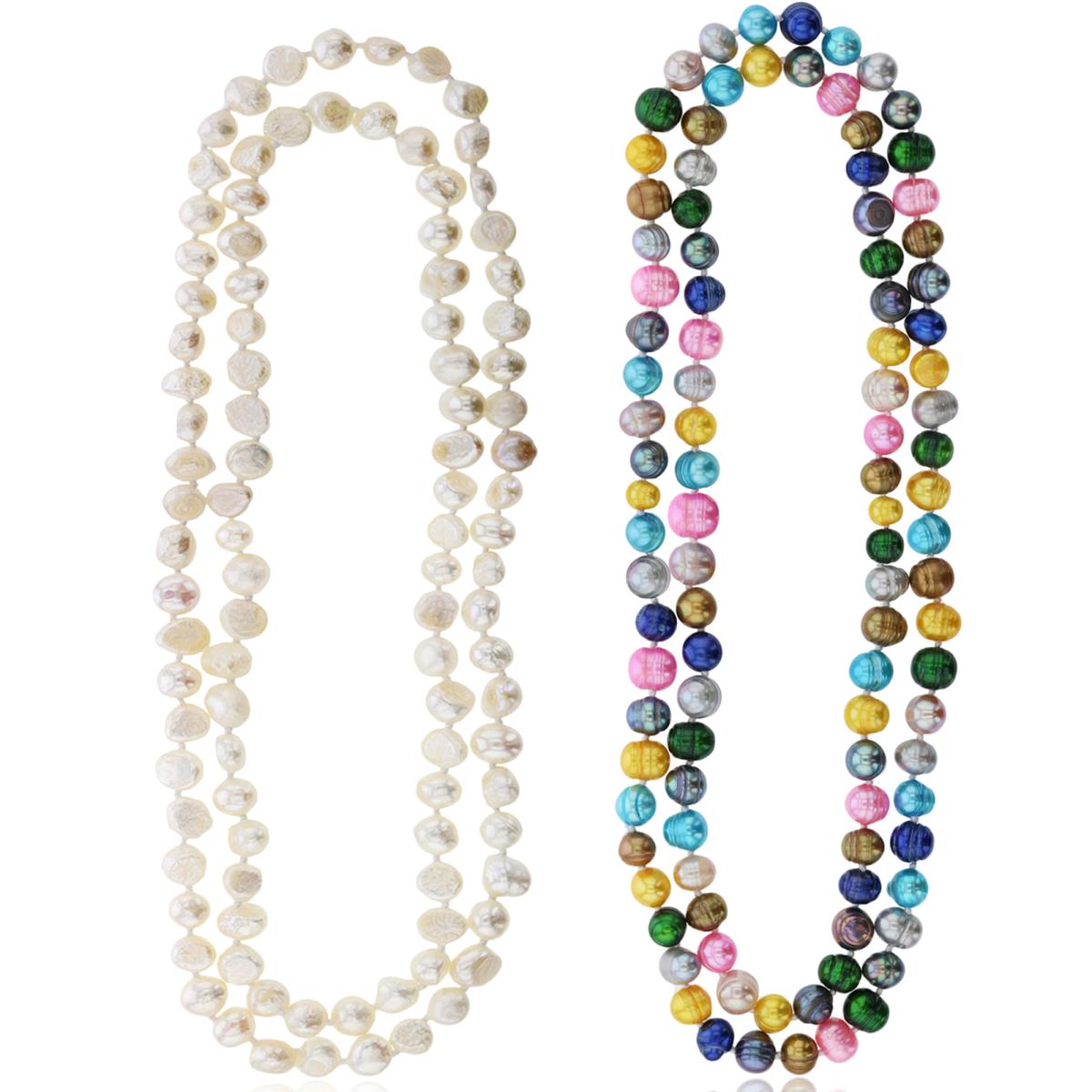 8-9mm Semi Baroque Multi Color & White Fresh Water Pearl 60" Endless Necklace Set