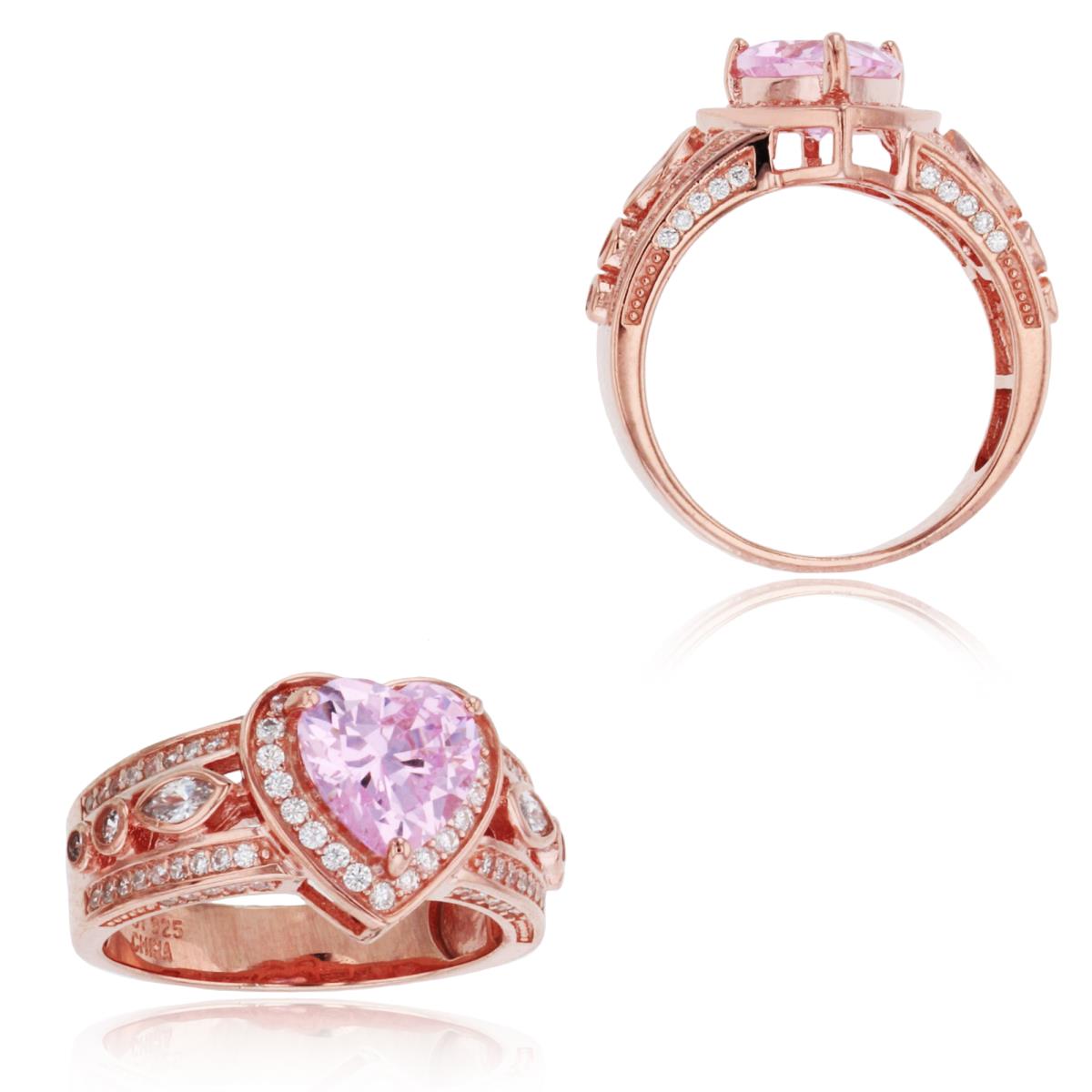 Sterling Silver Rose 8mm Bezel Pink Heart & Rd White CZ 11.5mm Ring