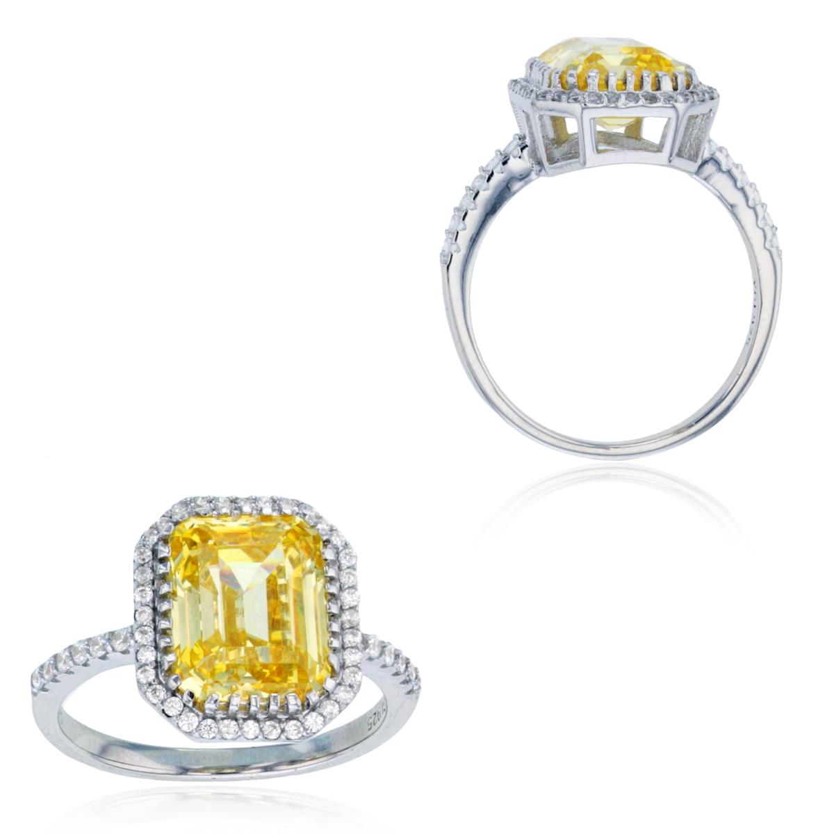 Sterling Silver Rhodium 10x8mm EM Canary Yellow & Rd White CZ Halo Ring