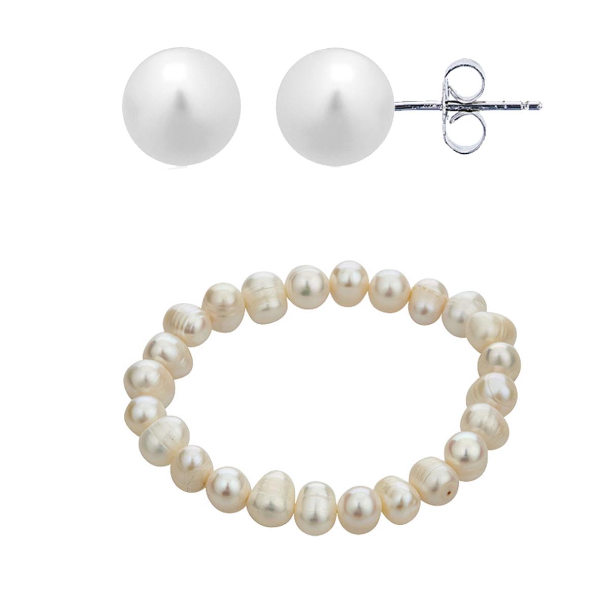 Elastic White Freshwater 8-9mm Pearl Stretch Bracelet & 8-9mm FWP Stud Earring Set