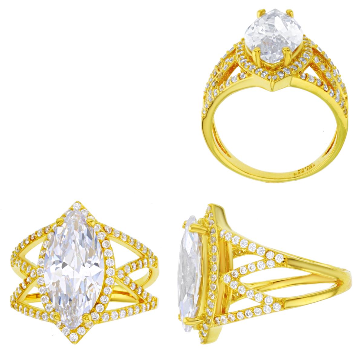 Sterling Silver Yellow 1 Micron 16x8mm Marquise & Rd White CZ Halo Ring
