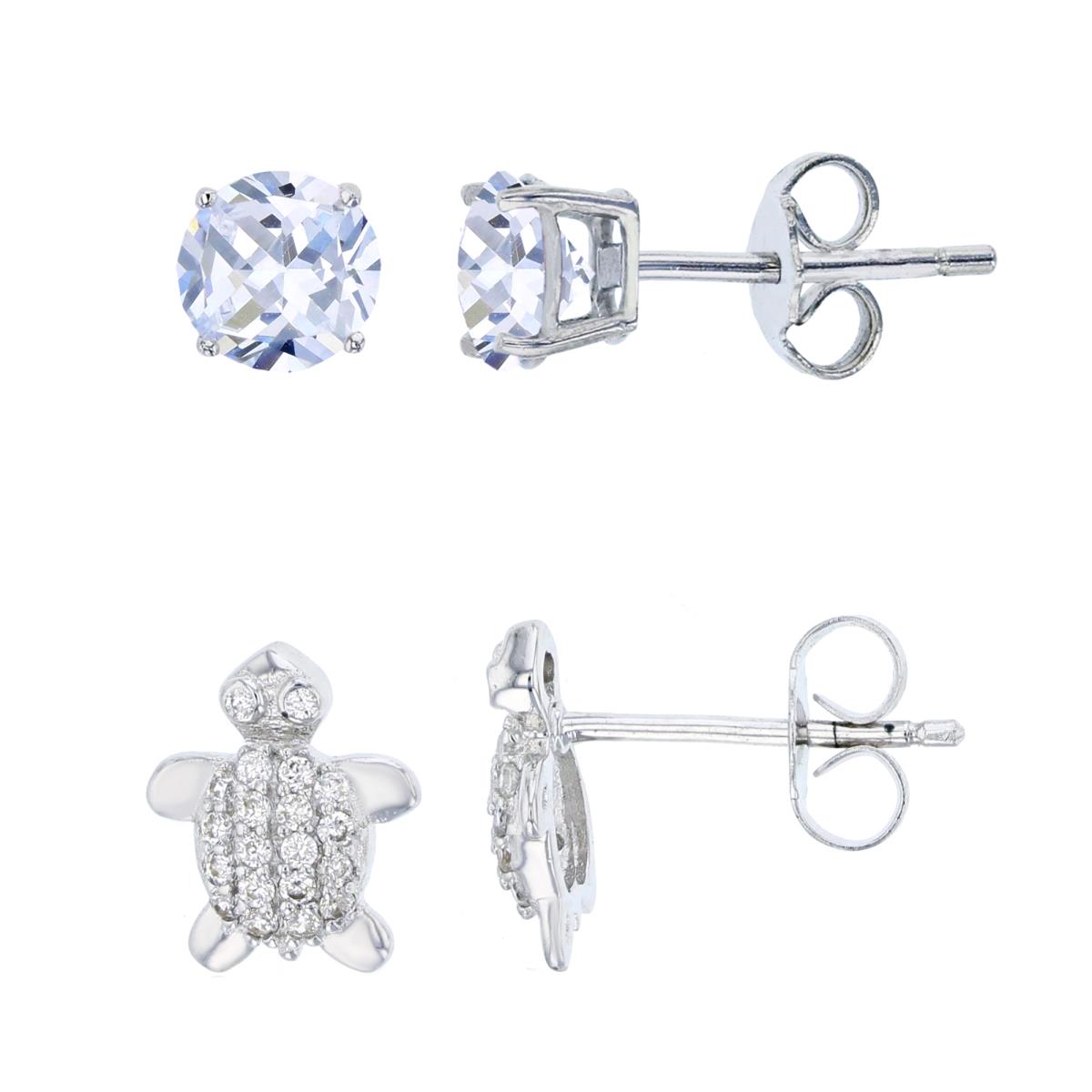 Sterling Silver Rhodium Micropave Turtle & Round Solitaire Studs Set