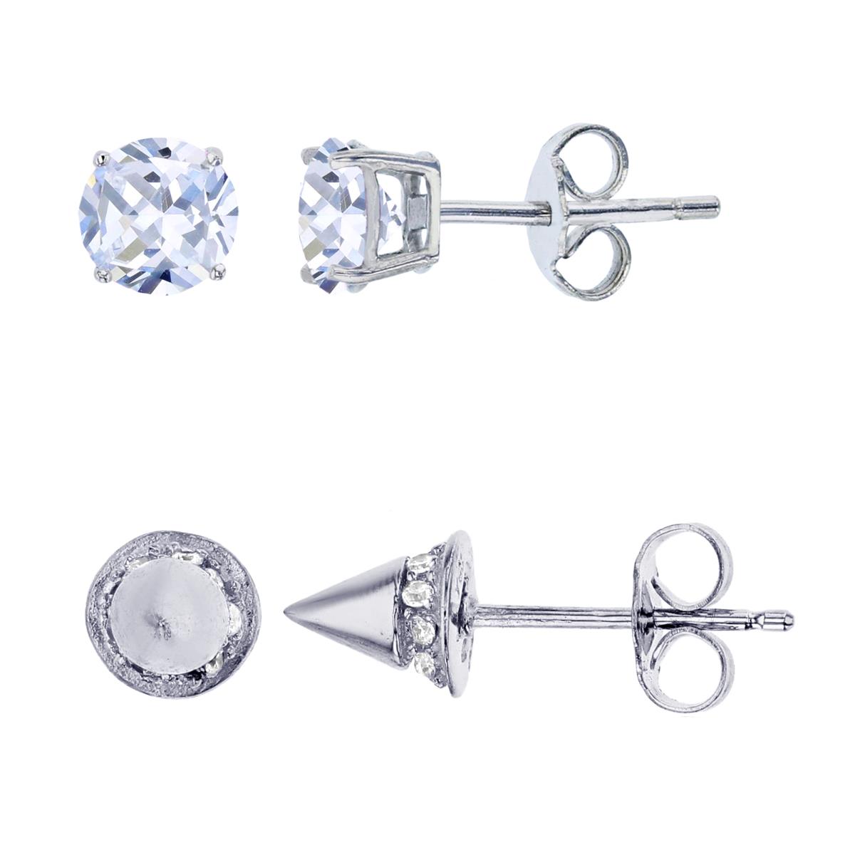 Sterling Silver Rhodium Pave Spike & Round Solitaire Studs Set
