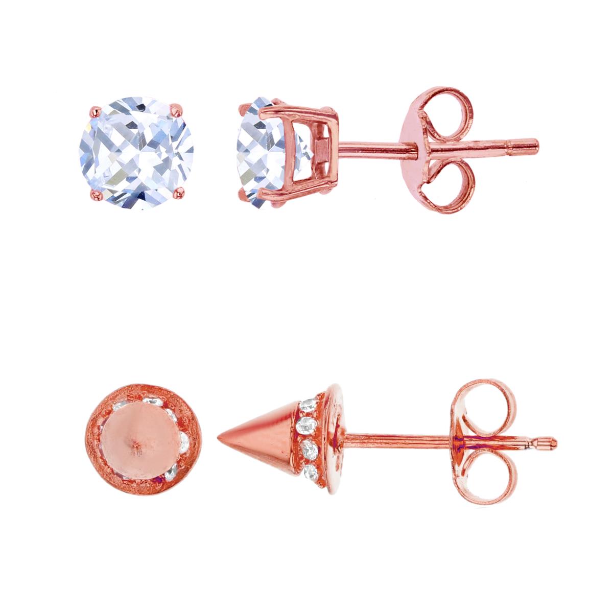 Sterling Silver Rose Pave Spike & Round Solitaire Studs Set
