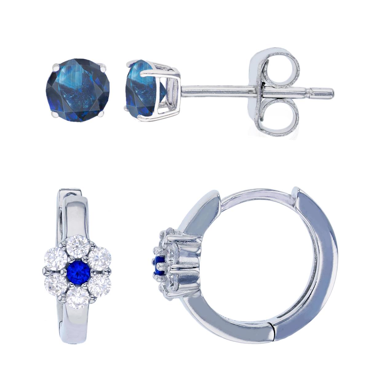 Sterling Silver Rhodium Micropave Sapphire ,White Cluster Flower Huggie & Solitaire Prong Stud Set