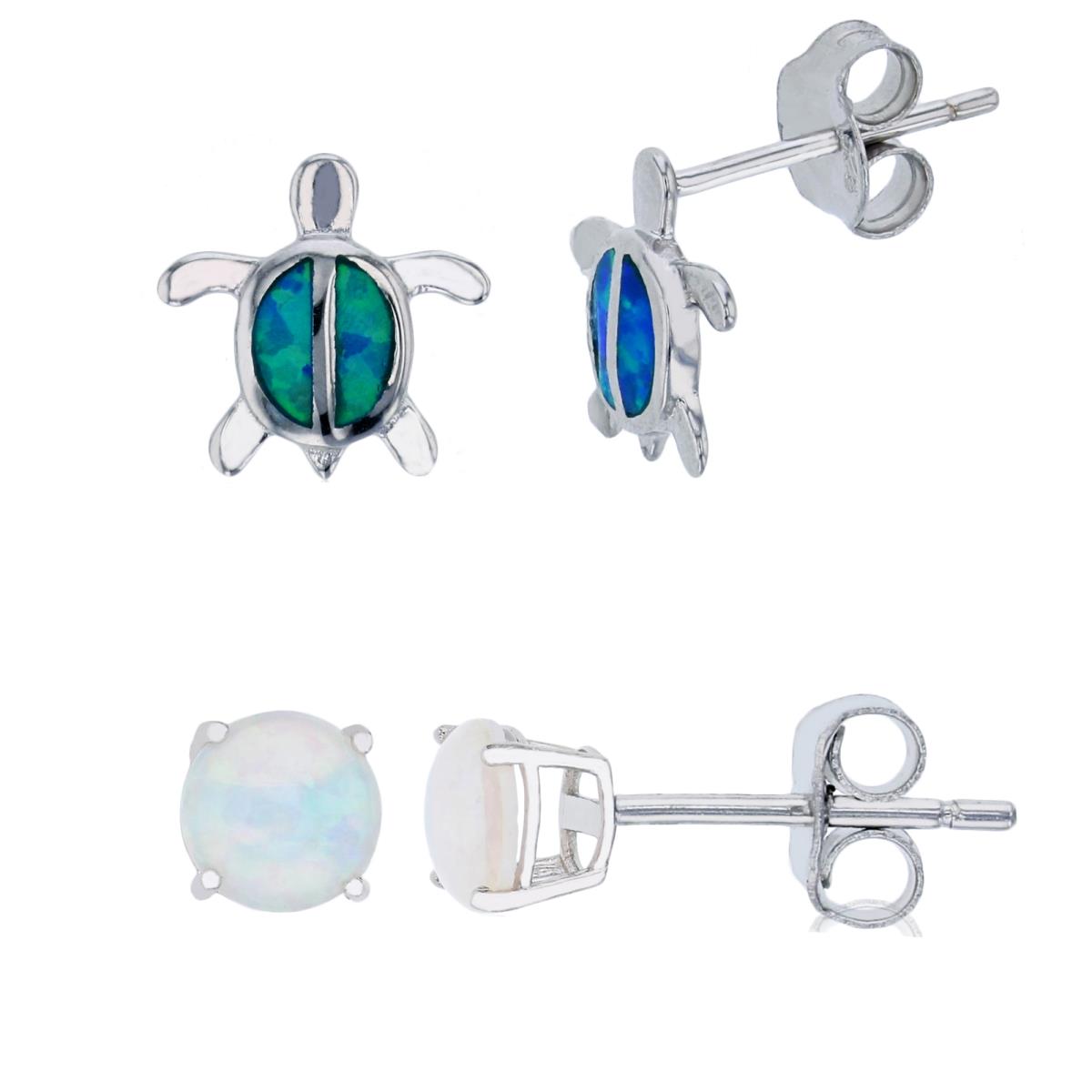 Sterling Silver Rhodium Cr. White Opal Solitaire & Cr. Blue Opal Turtle Stud Set