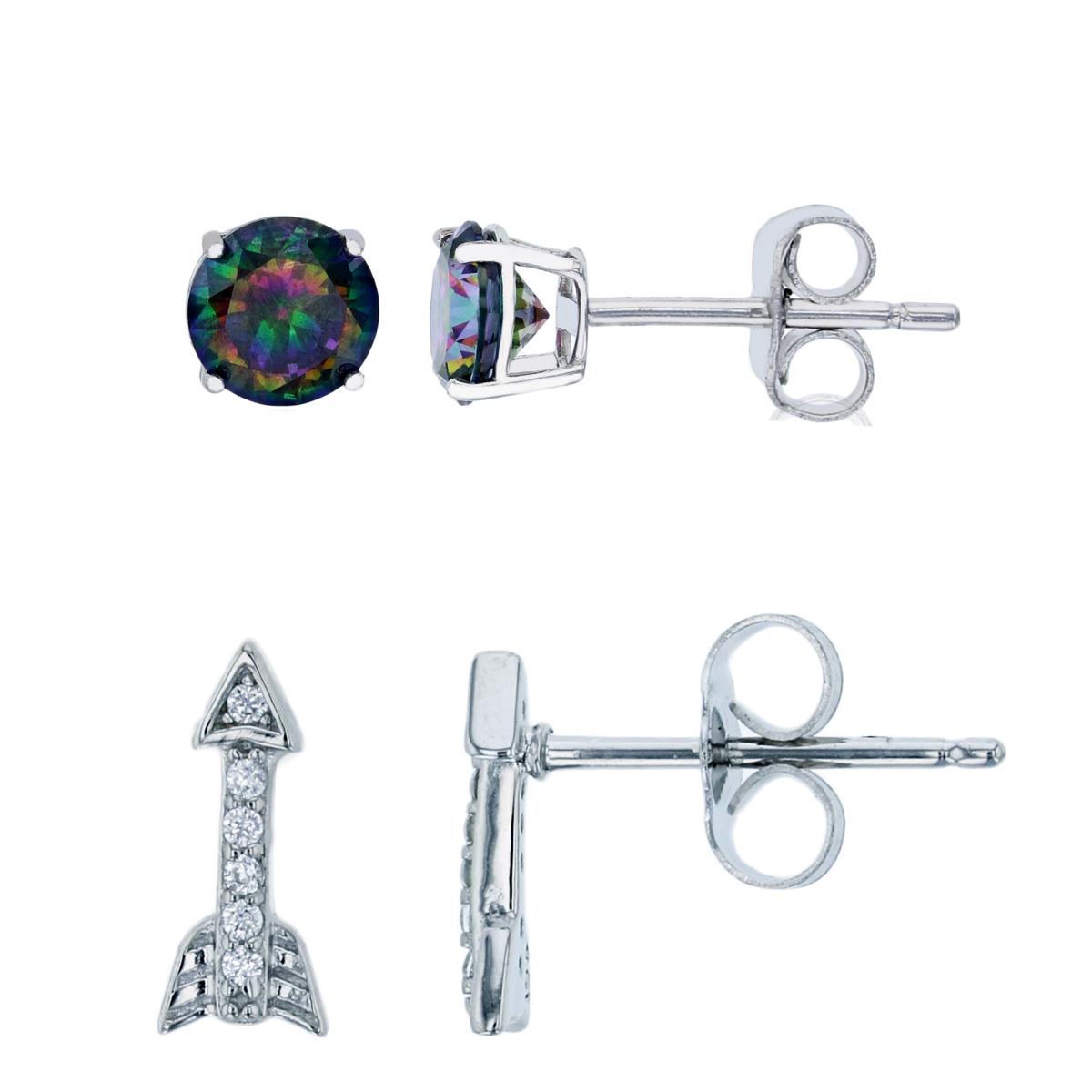 Sterling Silver Rhodium Micropave Petite Arrow & Mystic Green Topaz Solitaire Studs Set