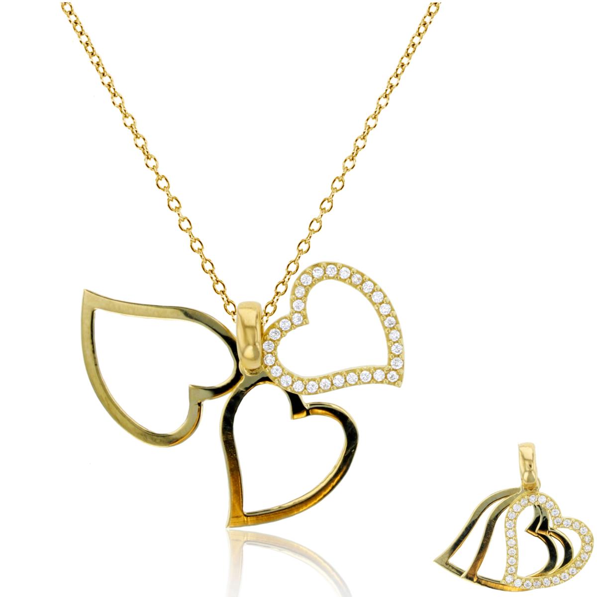 14K Yellow Gold Paved & Polished Triple Heart 18" Necklace