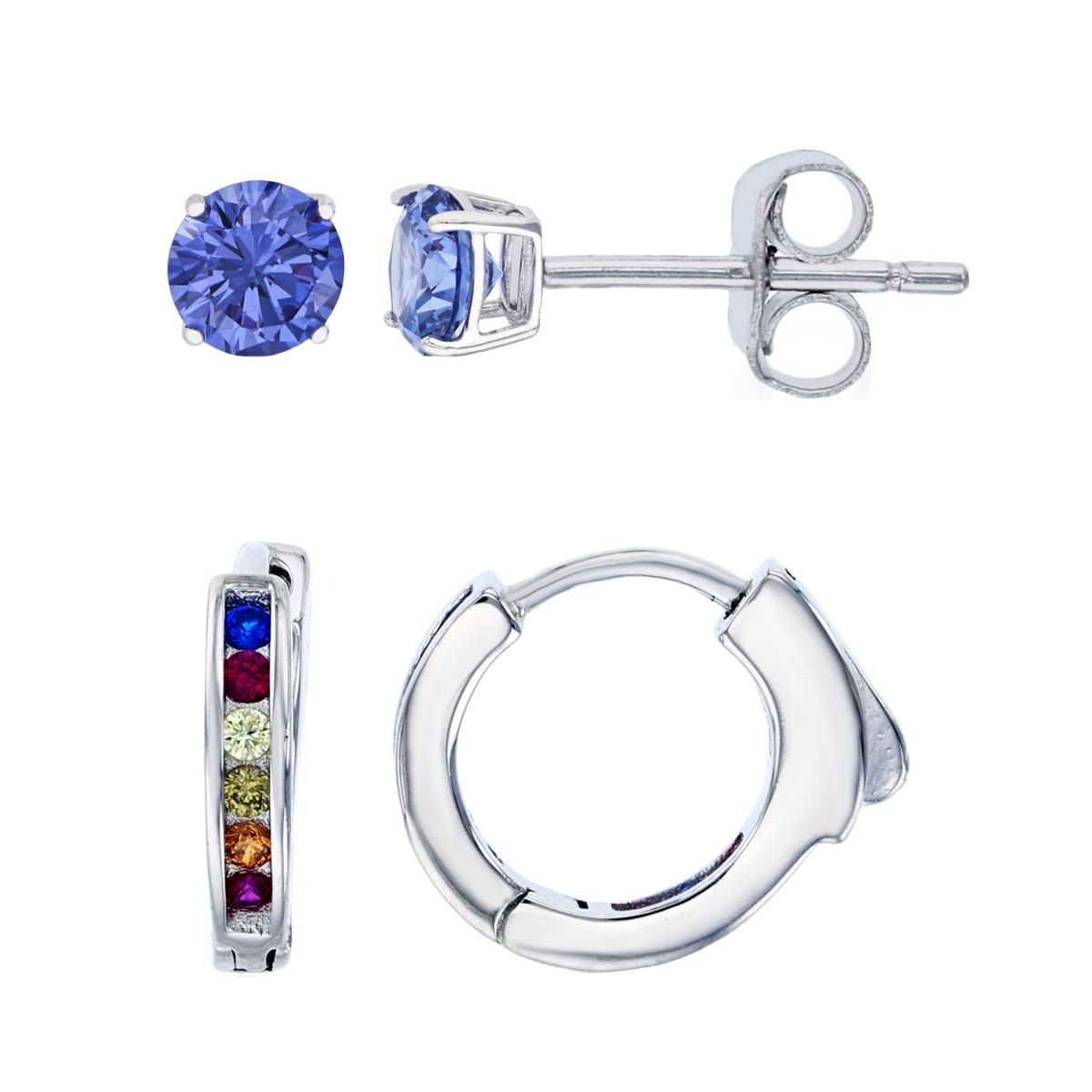 Sterling Silver Rhodium Pave Multi Color One-Row Channel Hoop & Tanzanite CZ Solitaire Stud Set