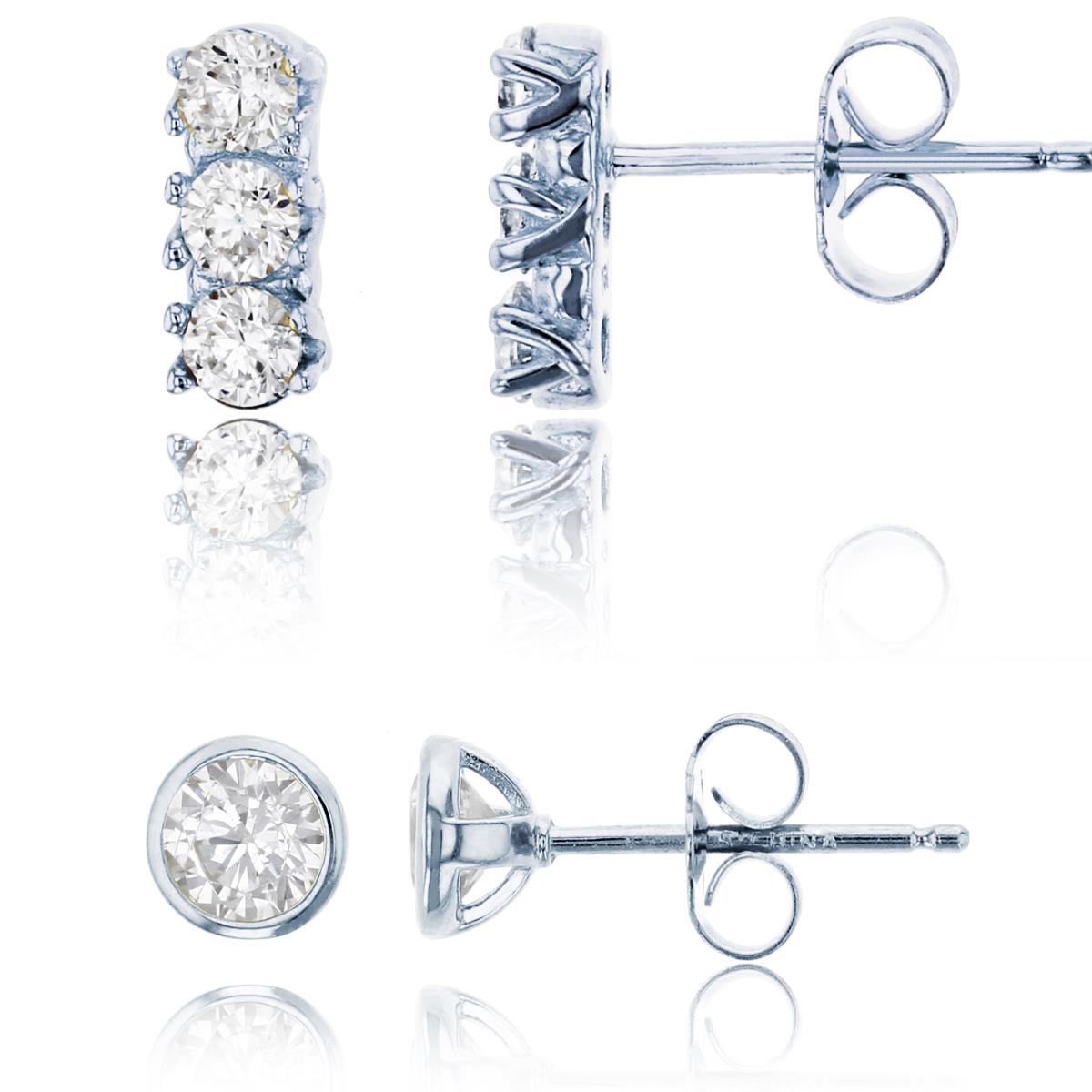 Sterling Silver Rhodium 3-Stone Rd & Bezel Solitaire Stud Set