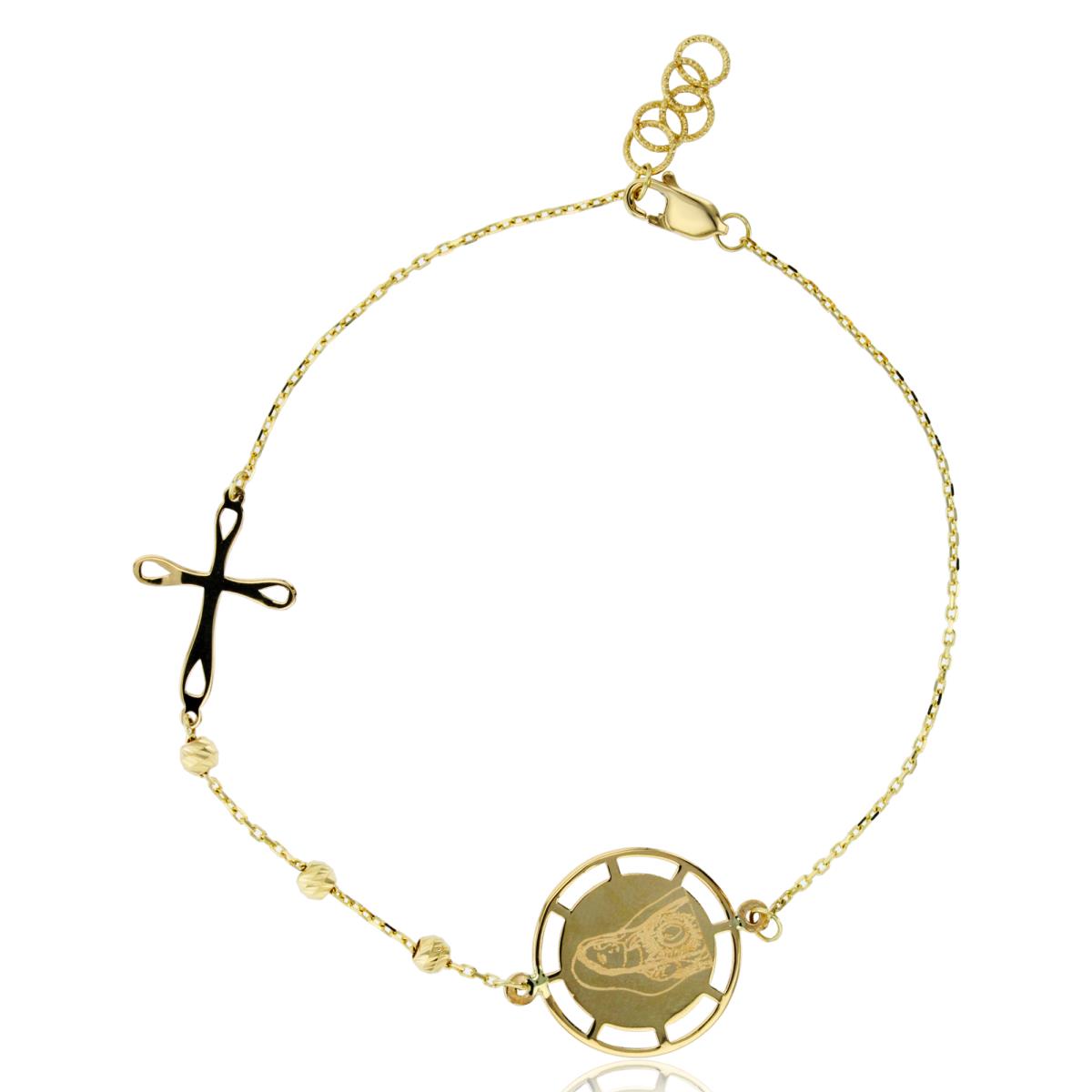 14K Yellow Gold Round Virgin Mary & Cross Beaded 7.5"+0.50" Bracelet