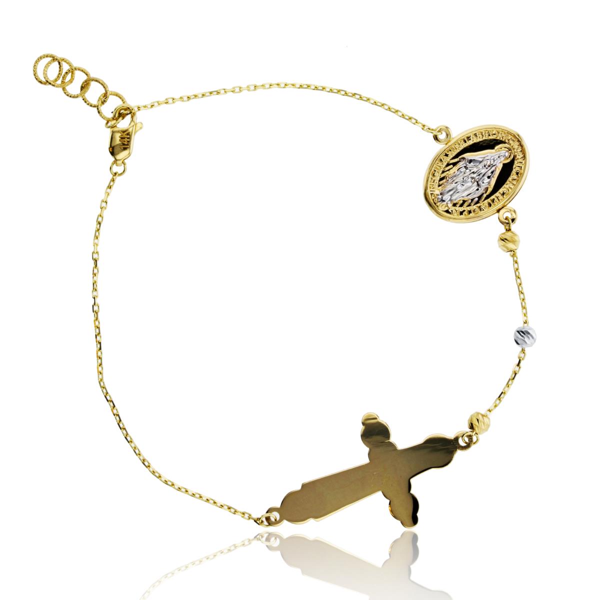 14K Two-Tone Gold Virgin Mary Medallion & Cross 7"+ 0.75" Bracelet