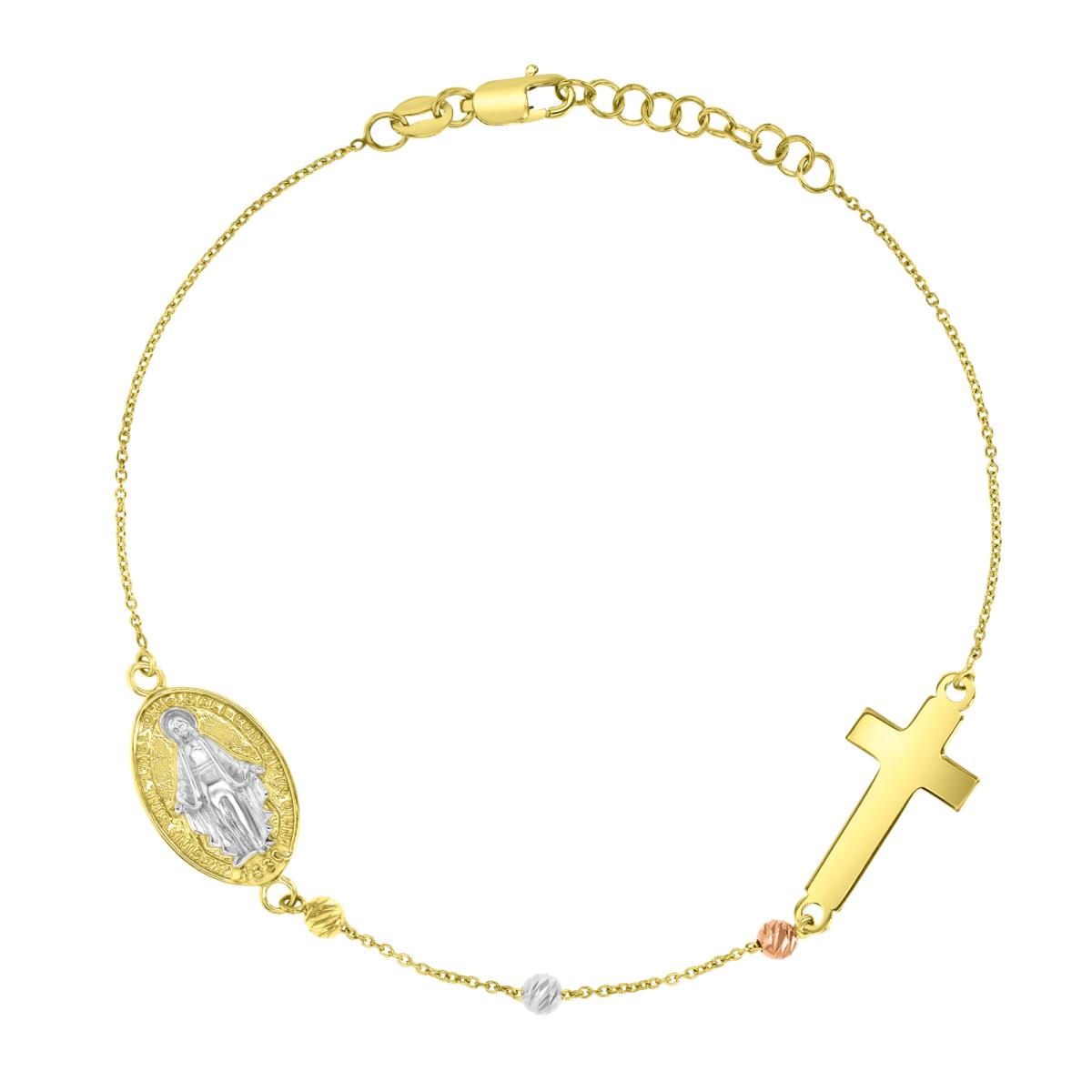 14K Tri-Color Gold Virgin Mary Medallion & Cross 7.25"+0.75" Bracelet