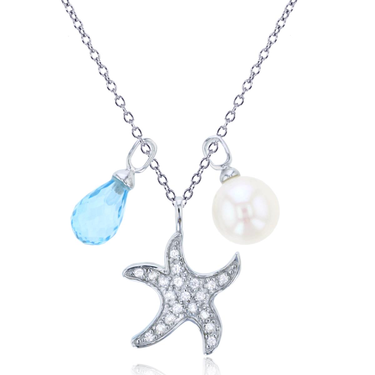 Sterling Silver Rhodium Rd Pearl , Cr White Sapphire & Brio Swiss Blue Topaz Starfish Set 18"Necklace