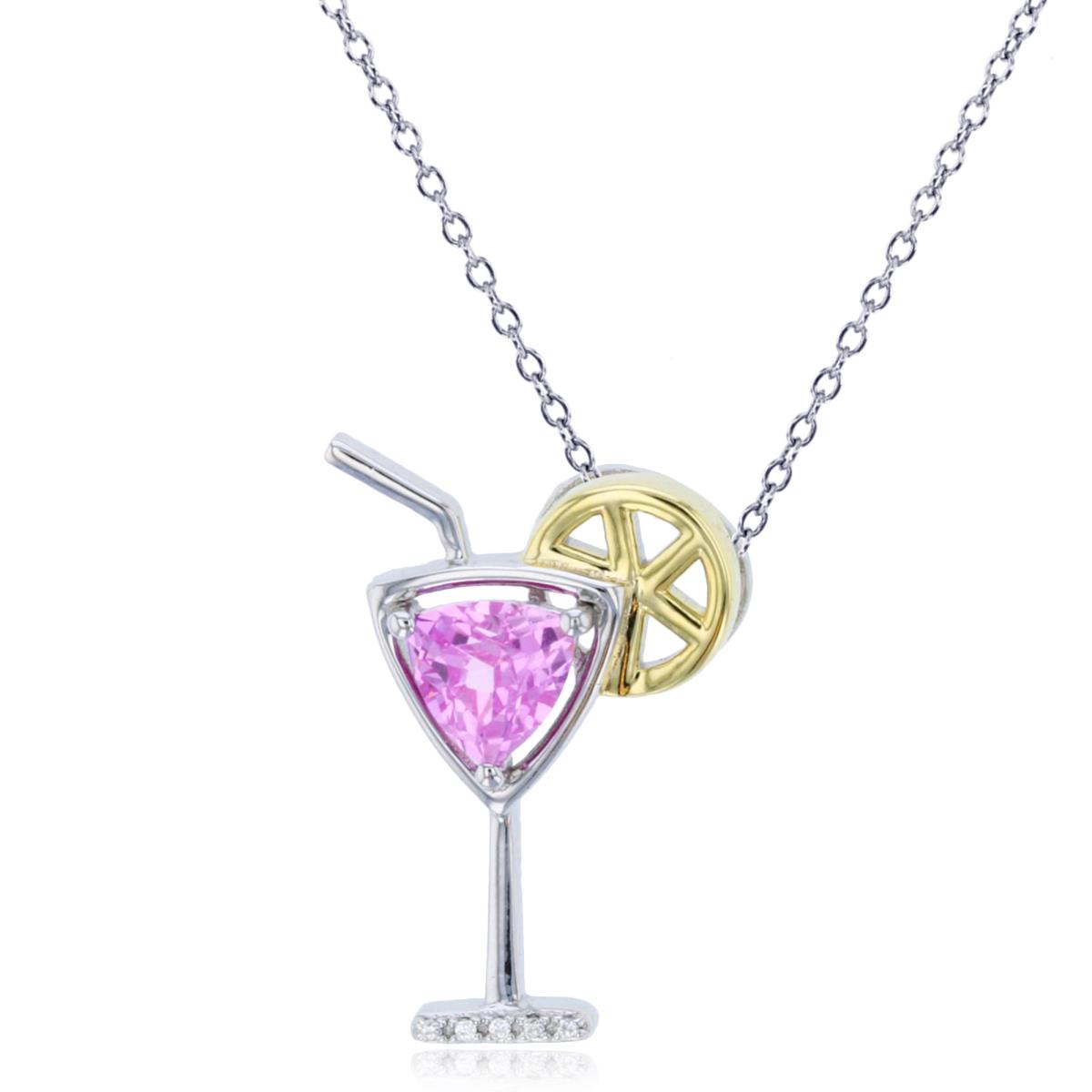 Sterling Silver Yellow & White Triangle Cr. Pink Sapphire & Rd White CZ  Cocktail 18"Necklace