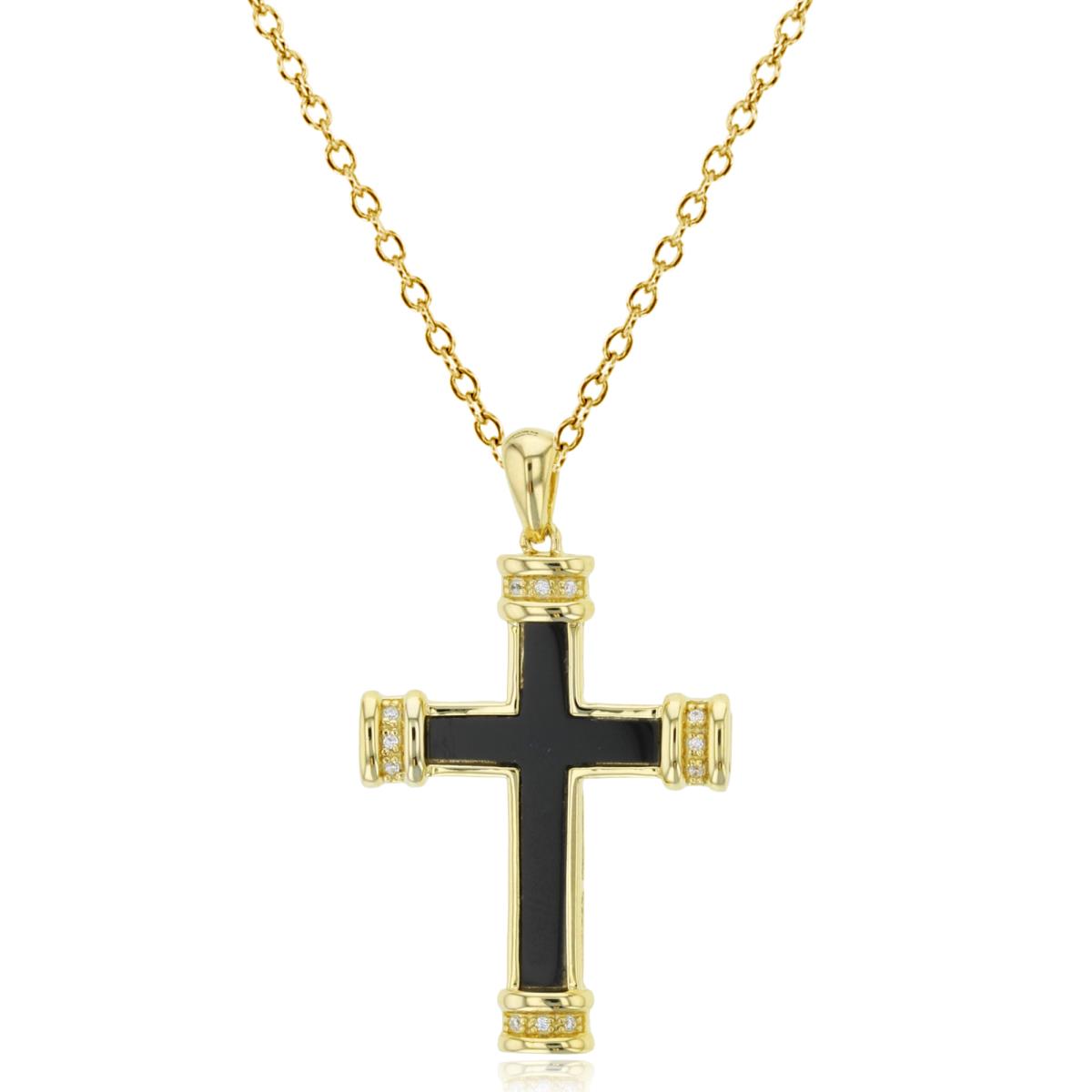 Sterling Silver Yellow 20x13mm Inlay Onyx & Round CZ Cross 18" Necklace