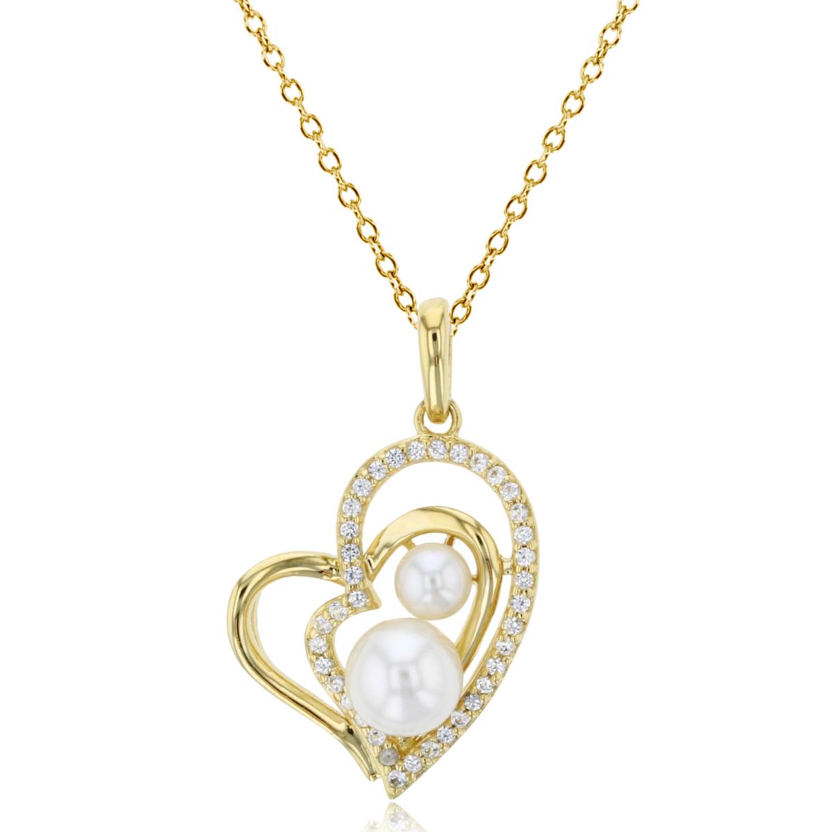 Sterling Silver Yellow 6mm Rd Pearl & Cr.White Sapphire Hearts 18" Necklace
