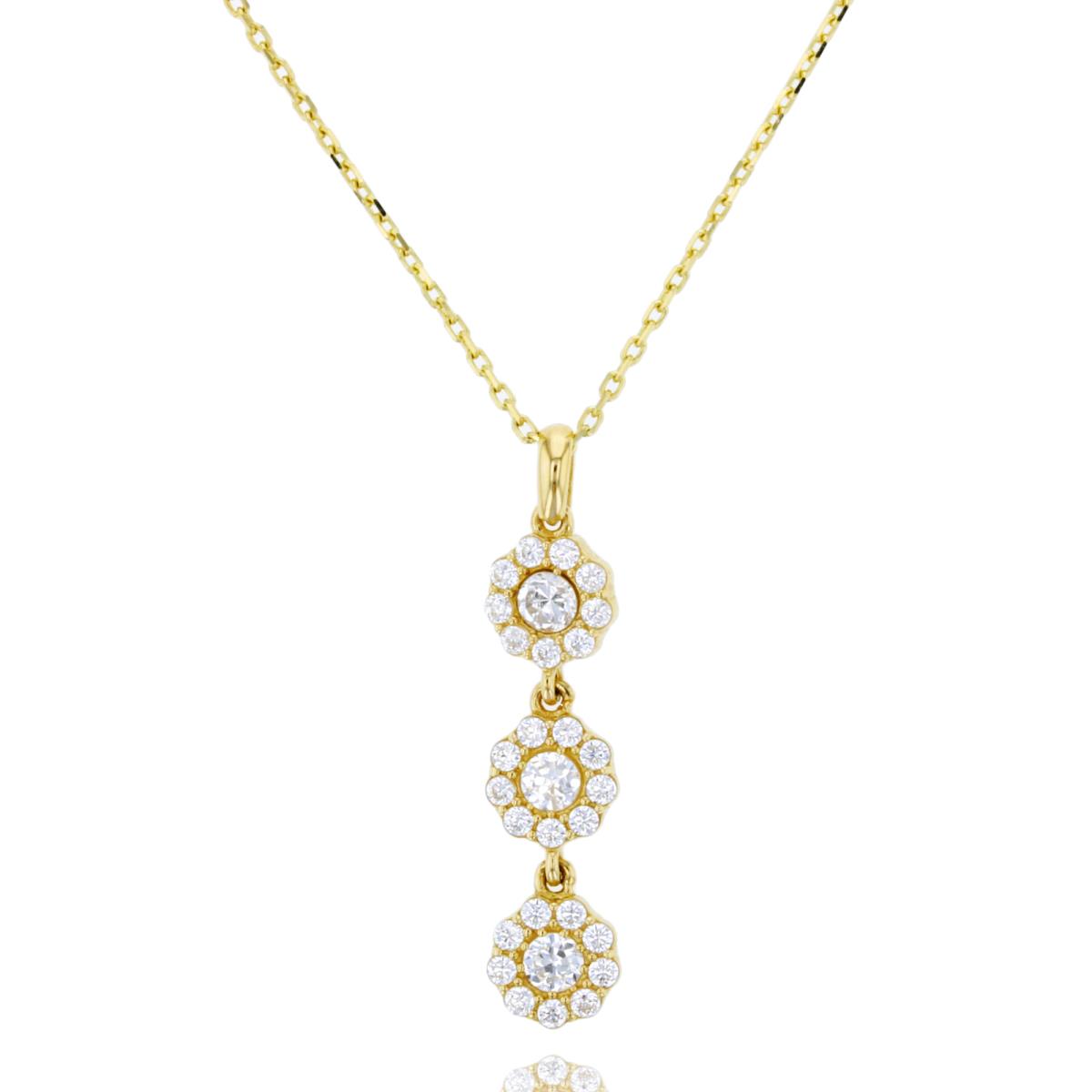 10K Yellow Gold Triple Cluster Flowers 18" Necklace