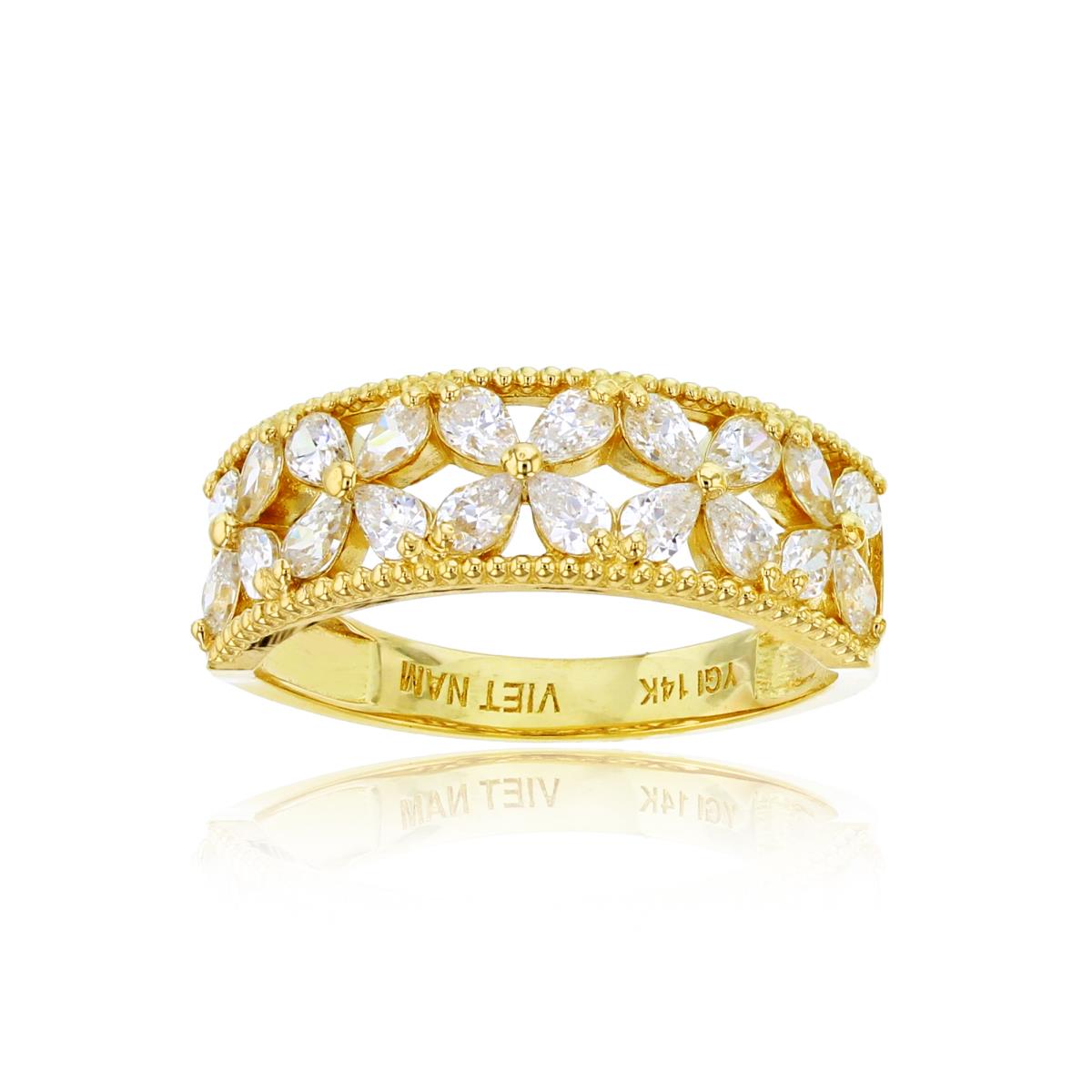 10K Yellow Gold PS-shape Crome Diopside CZ Flowers Milgrain Band Ring