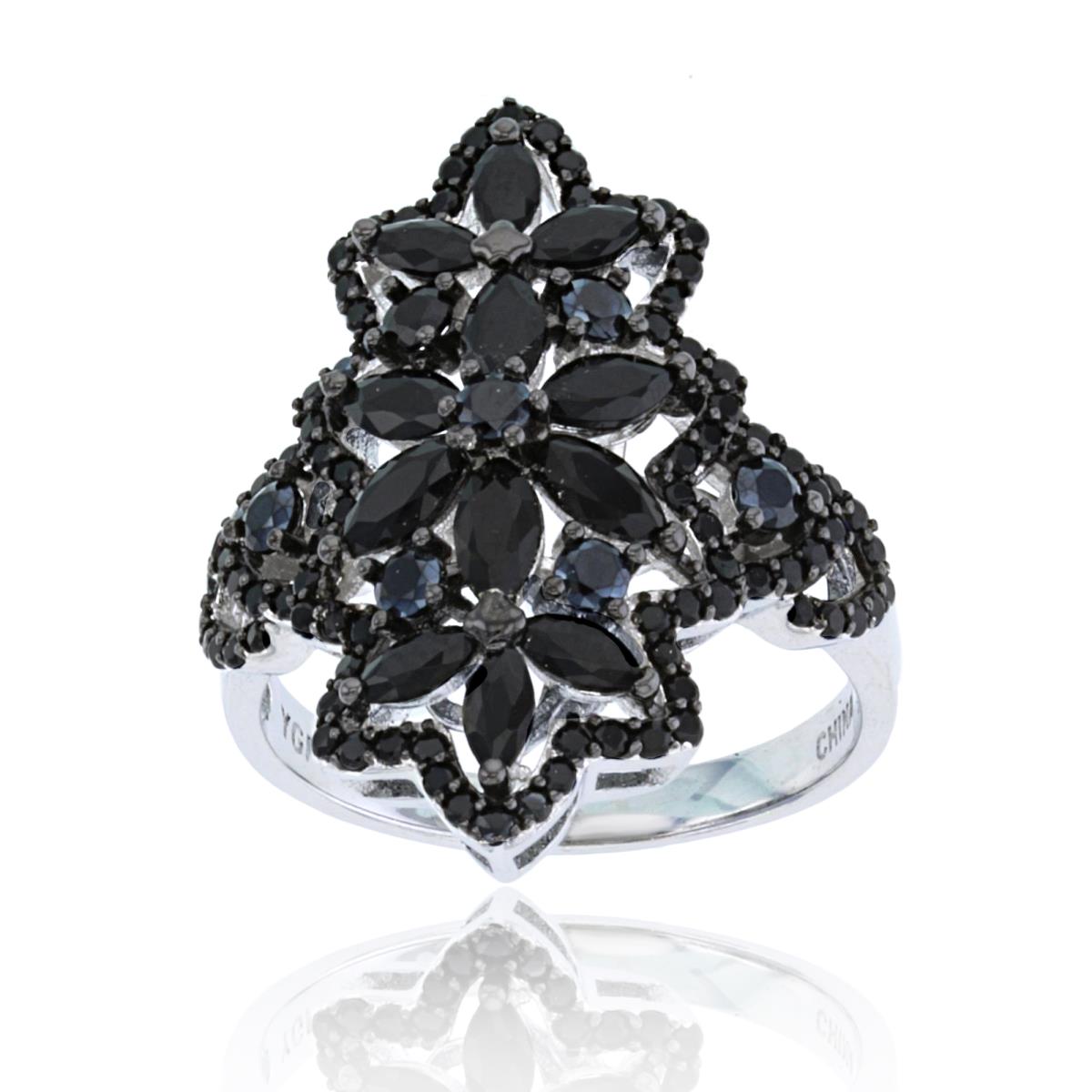 Sterling Silver Rhodium MQ & Rnd Black Nano Flowers Ring
