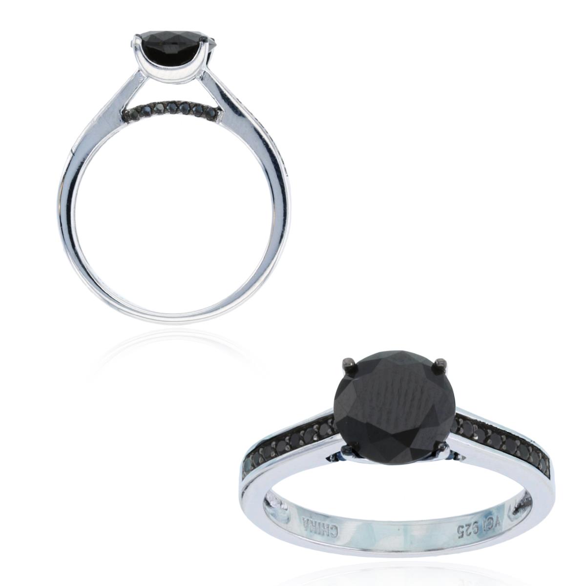 Sterling Silver Rhodium 8mm Round Black Nano Sides Cut Engagement Ring
