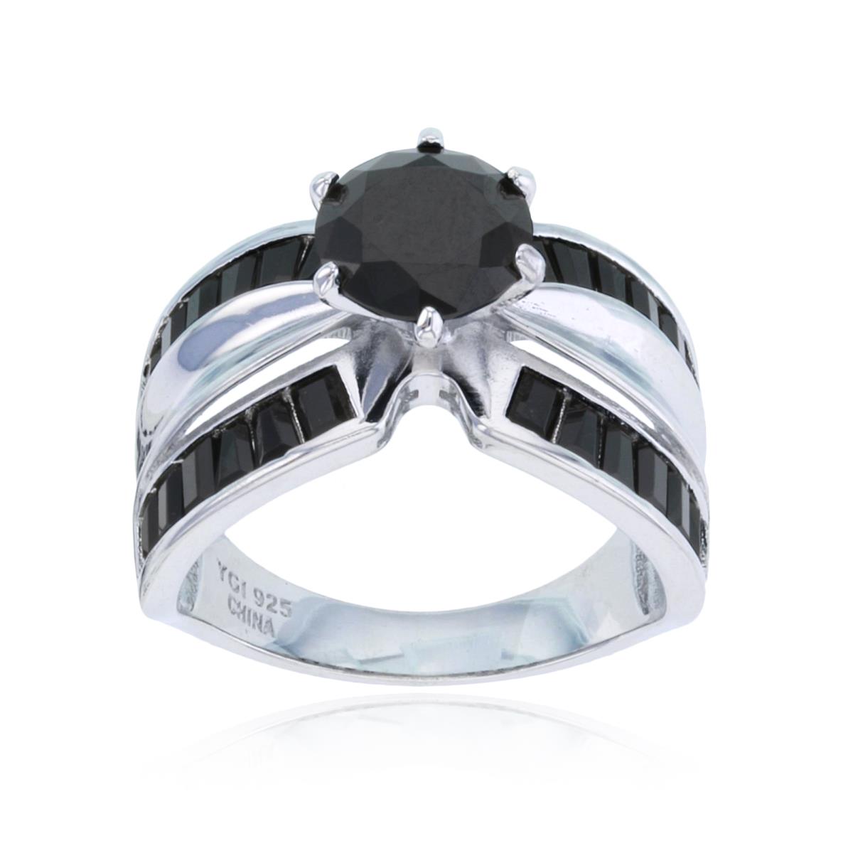 Sterling Silver Rhodium 8mm Rnd & SB /TB Black Nano Band Engagement Ring
