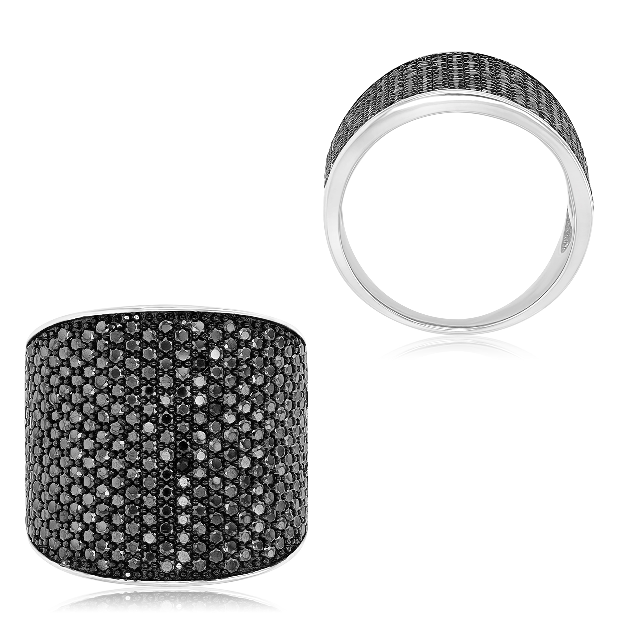 Sterling Silver Rhodium Rd Black Spinel Micropave Wide Ring