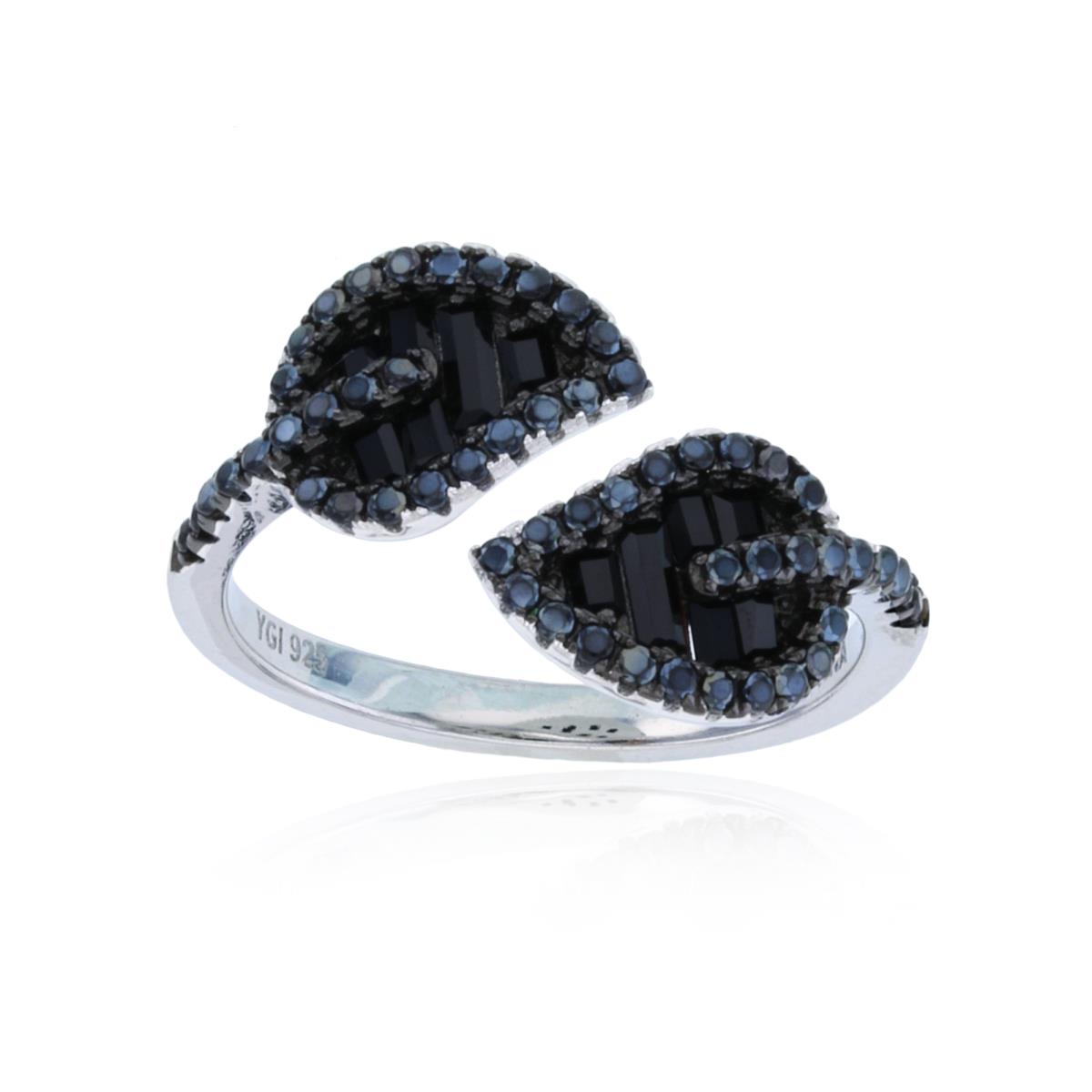 Sterling Silver Rhodium Micropave Rd and Bg Black Nano Double Leaf Fashion Ring
