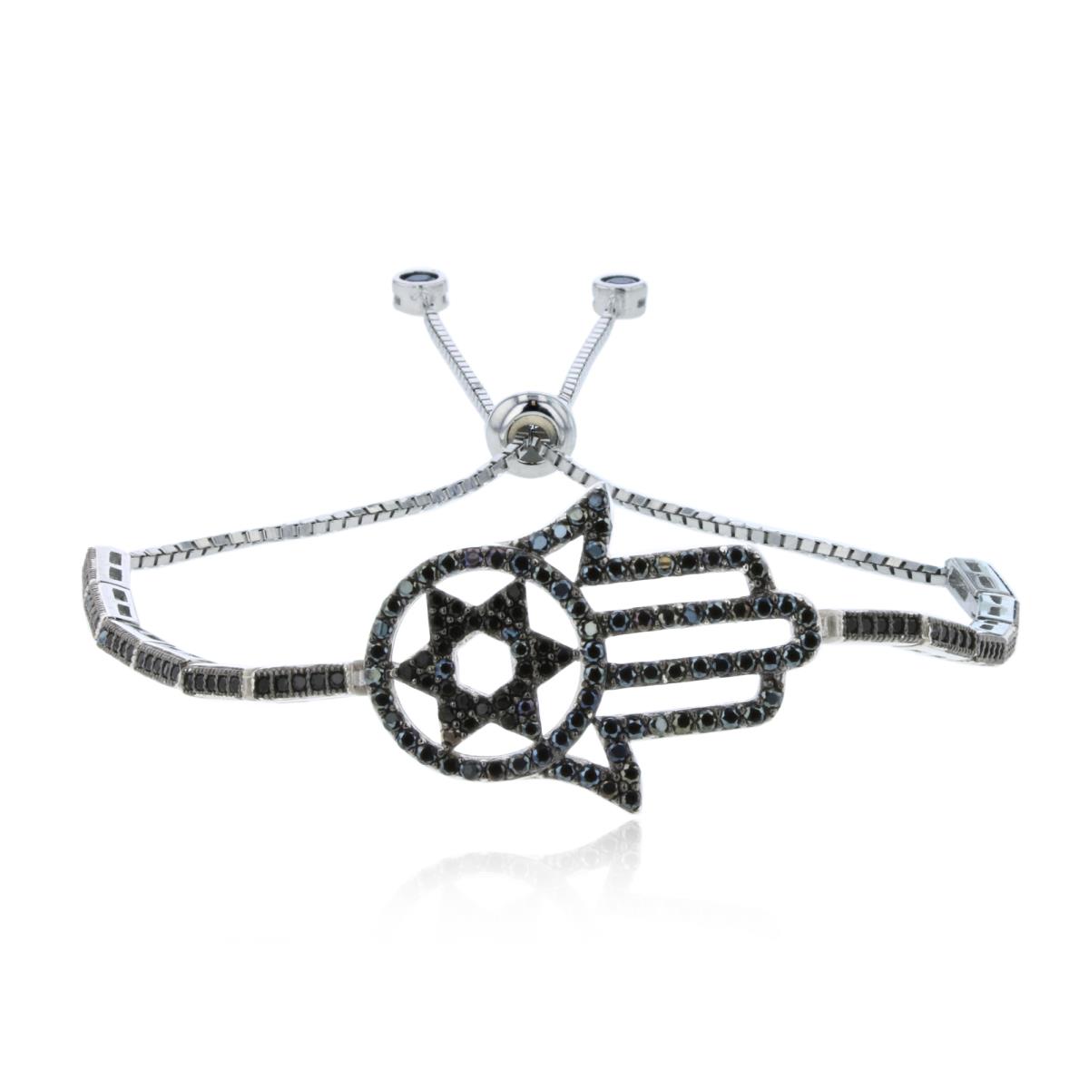 Sterling Silver Rhodium Hamsa Rd Black Spinel Adjustable Bracelet