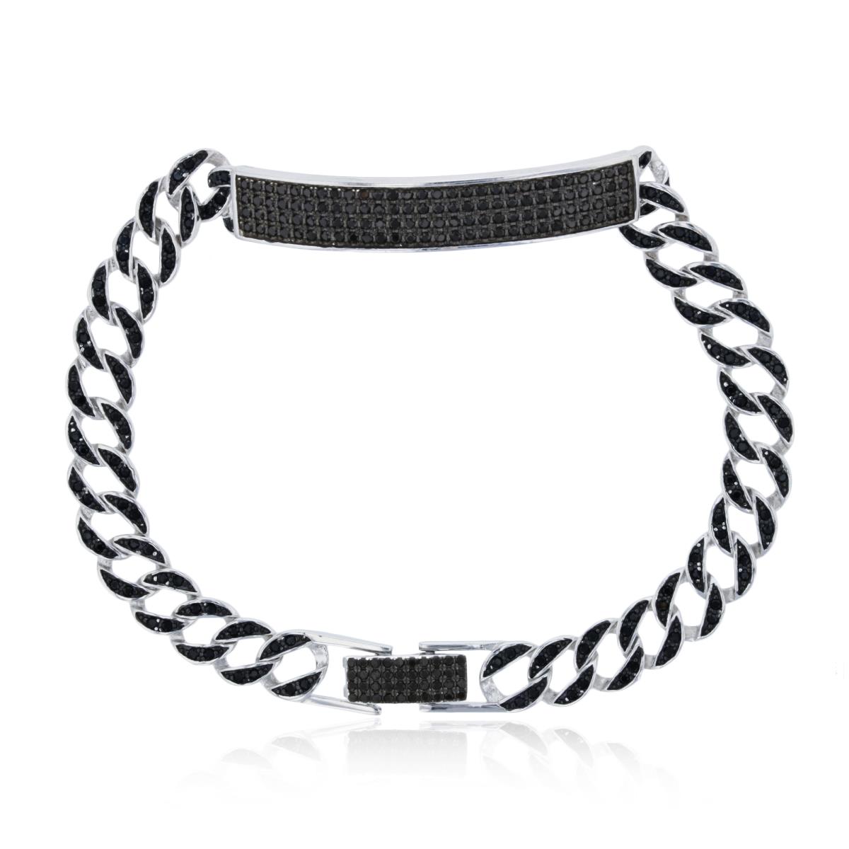 Sterling Silver Rhodium Micropave Black Spinel Curved Bar with Cuban Pave Chain 7.5" Bracelet
