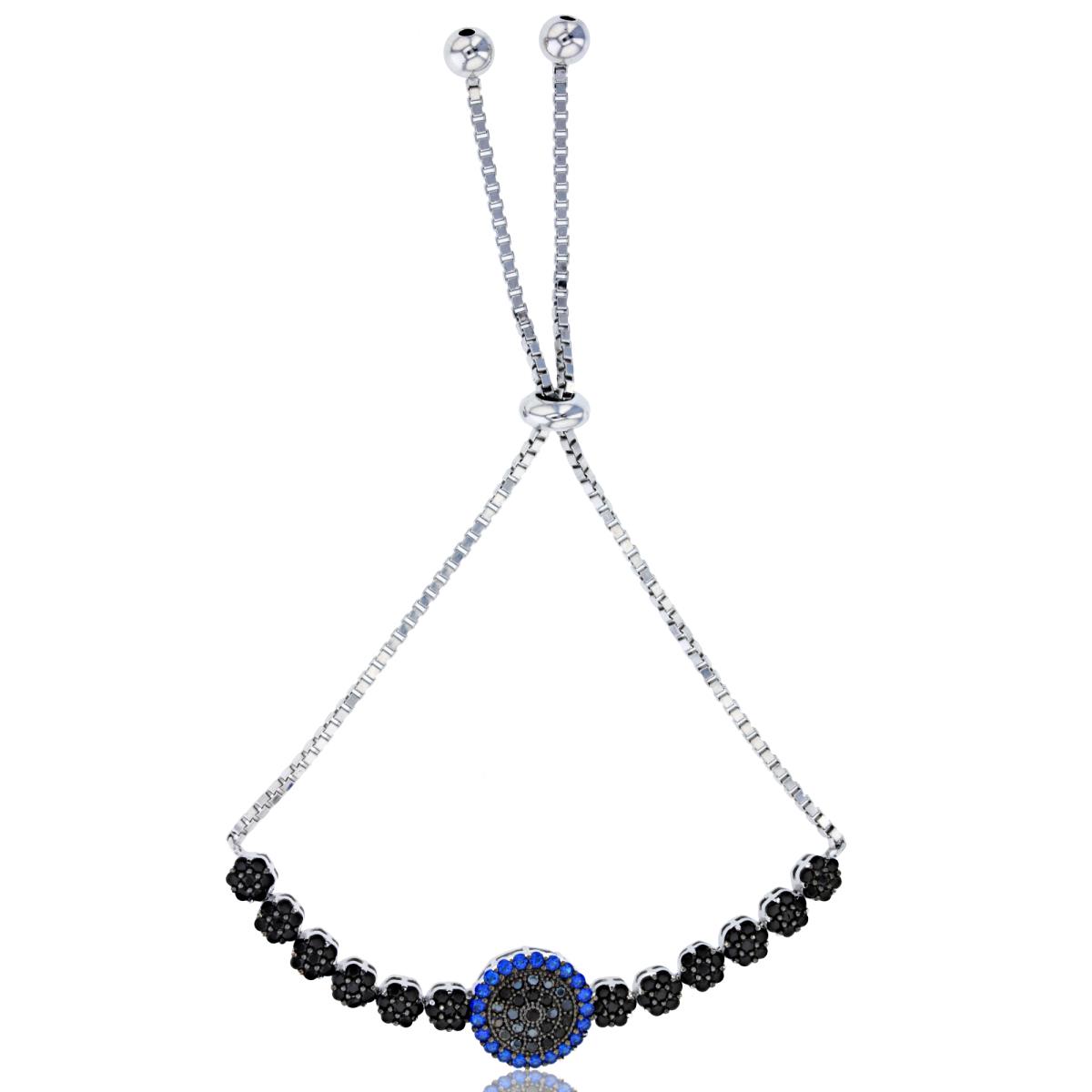 Sterling Silver Rhodium Black & Blue Spinel Evil Eye Adjustable Bracelet