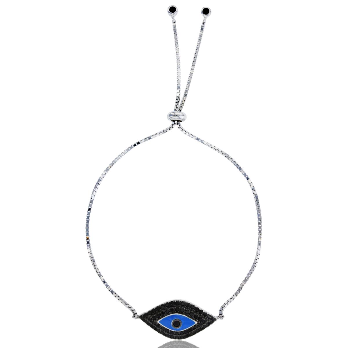 Sterling Silver Rhodium Black Spinel Blue Evil Eye Adjustable Bracelet
