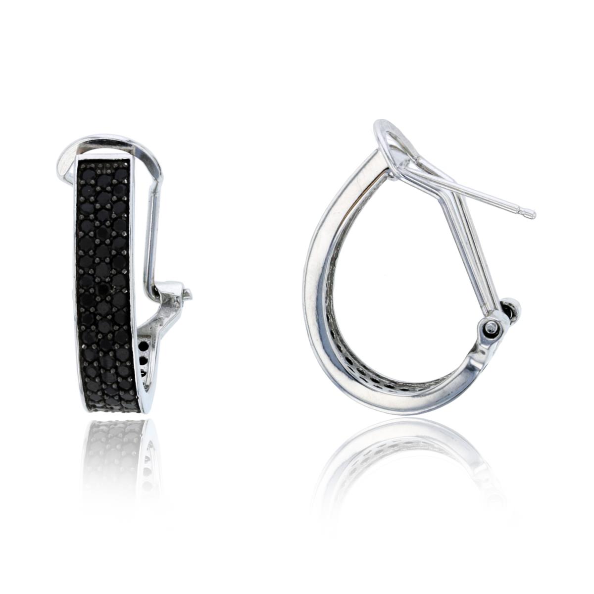 Sterling Silver Rhodium Micropave Black Spinel 3-Row Omega-Back Hoop Earring