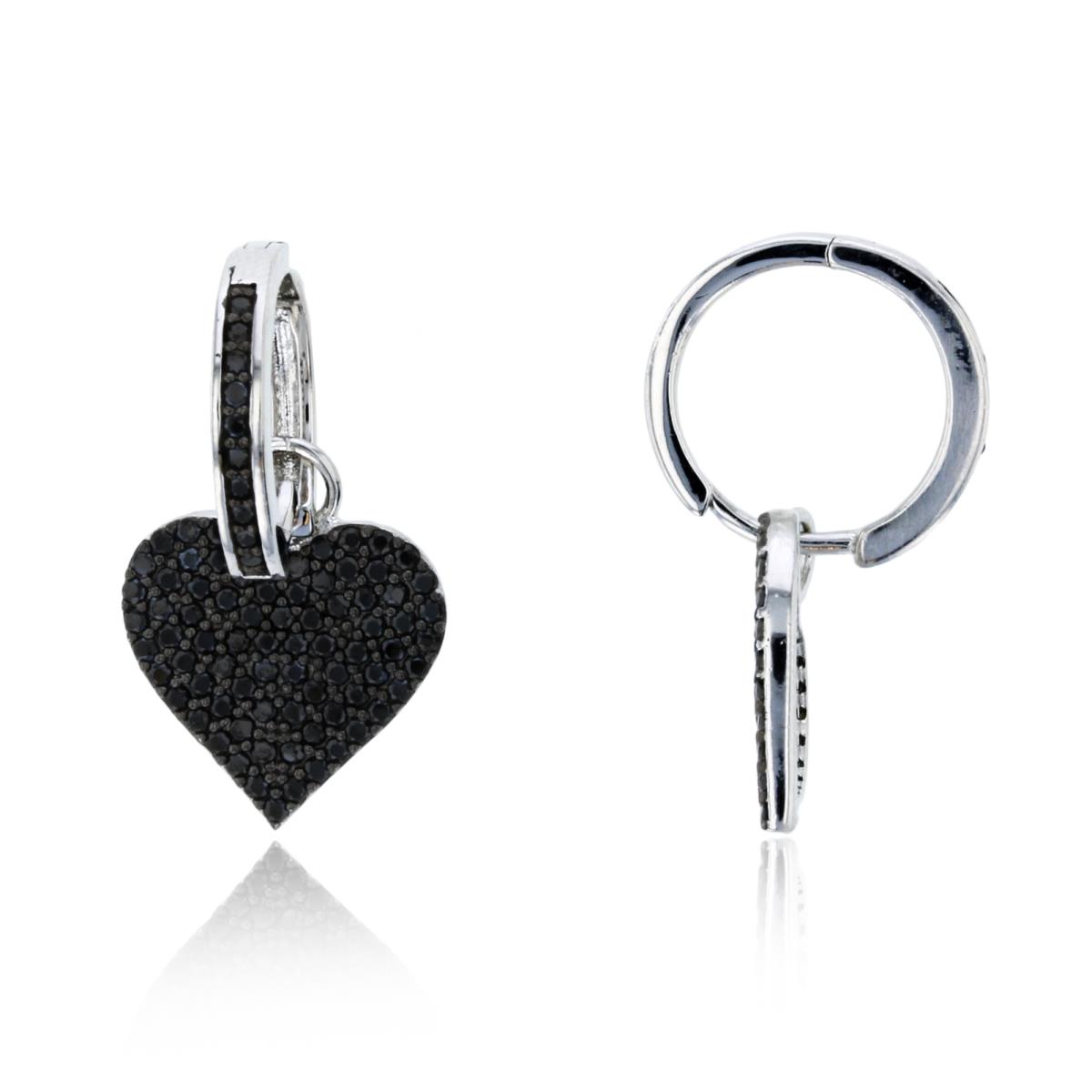 Sterling Silver Rhodium Black Spinel Micropave Heart Dangling Huggie Earring