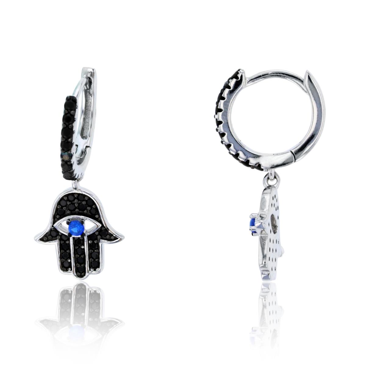 Sterling Silver Rhodium Black Spinel & Blue Sapphire Dangling Hamsa Huggie Earring