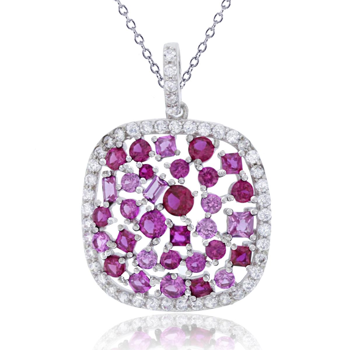 Sterling Silver Rhodium SB/ Rnd White & Multicolor Ruby CZ Scattered Cushion 18"Necklace