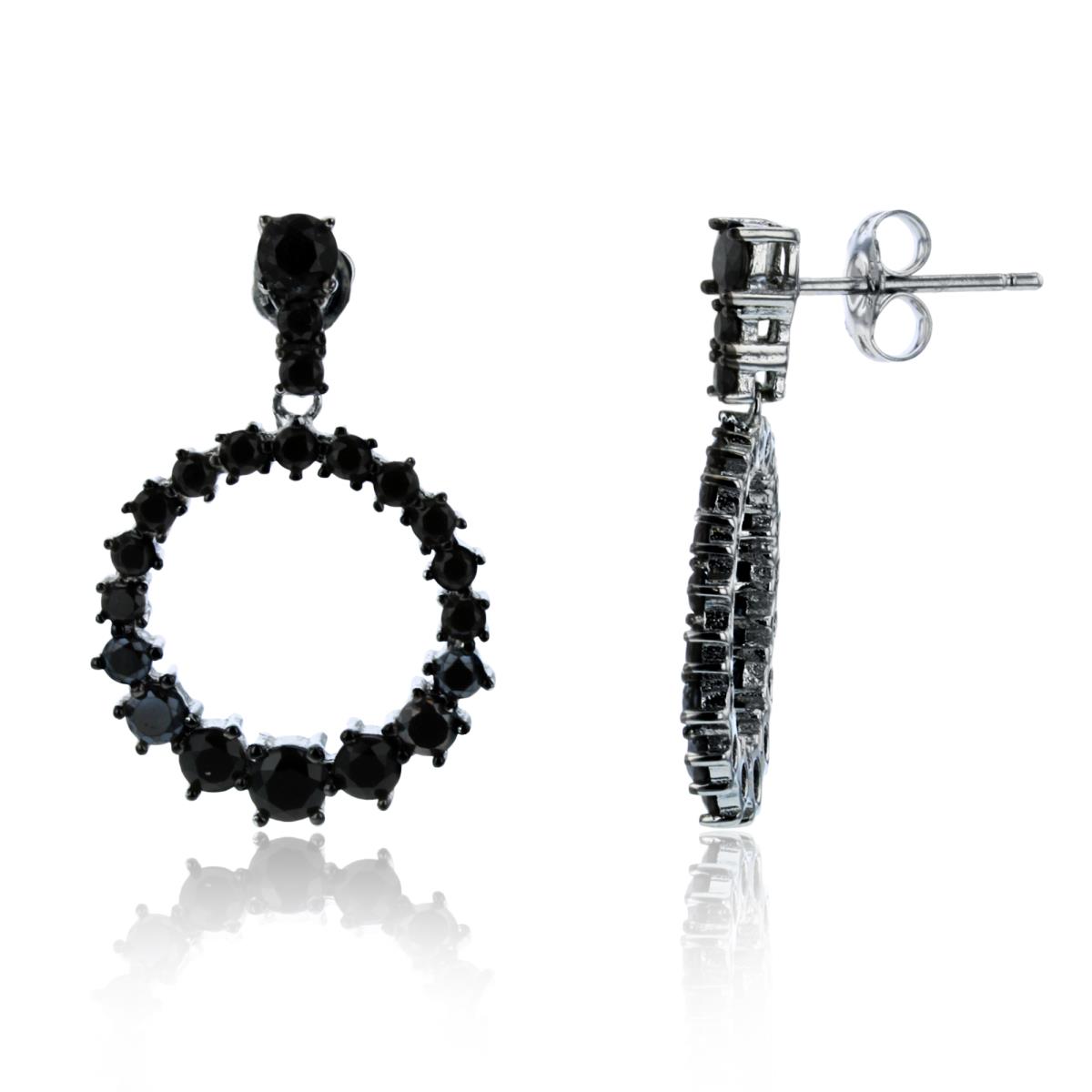 Sterling Silver Rhodium Rd Black Spinel Open Circle Dangling Earring