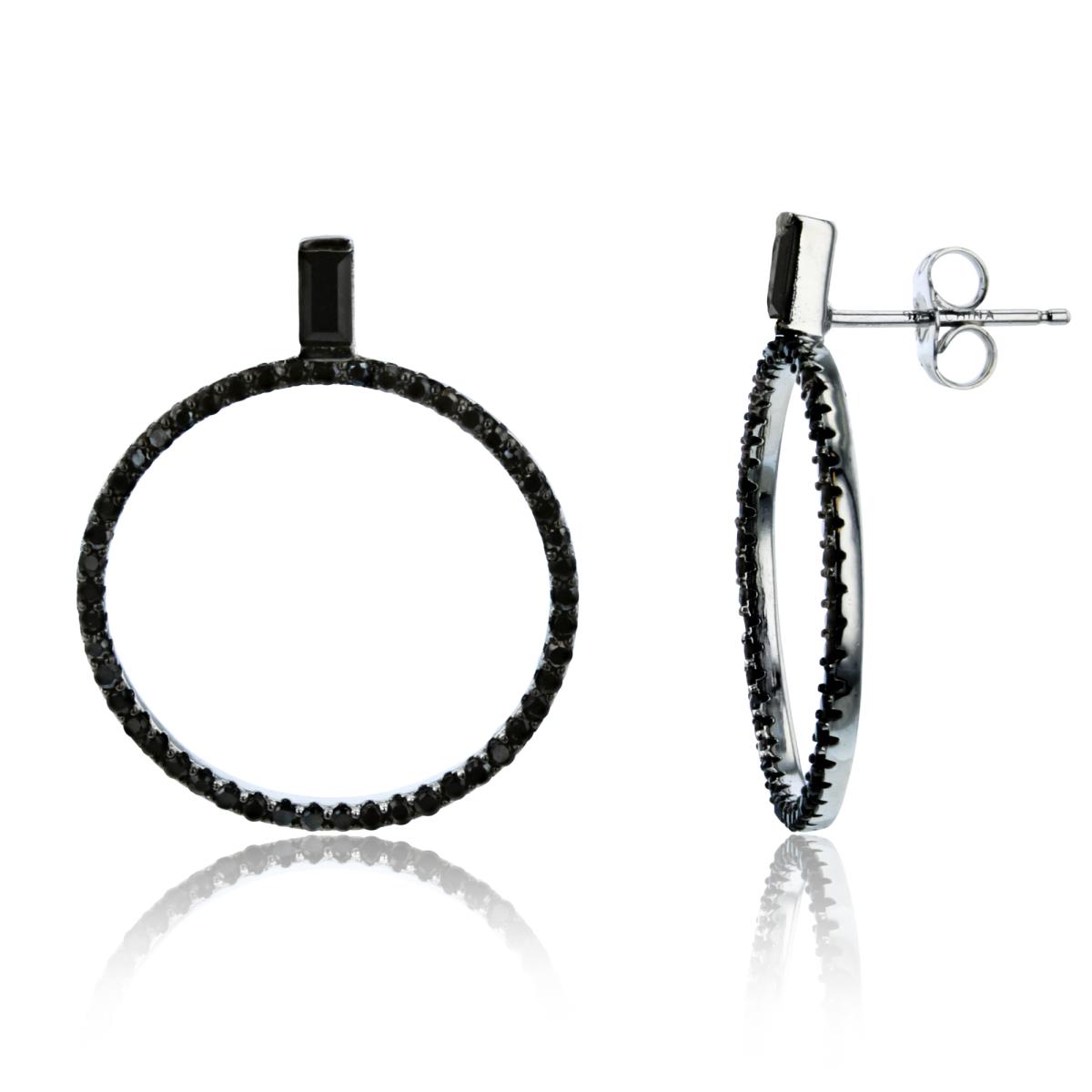 Sterling Silver Rhodium SB Top & Rnd Black Nano Open Dangling Circle Earring