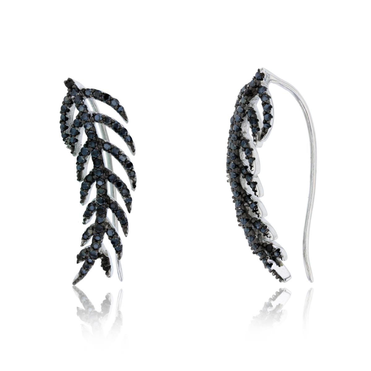 Sterling Silver Rhodium Micropave Black Spinel Leaf Fish-Hook Earring