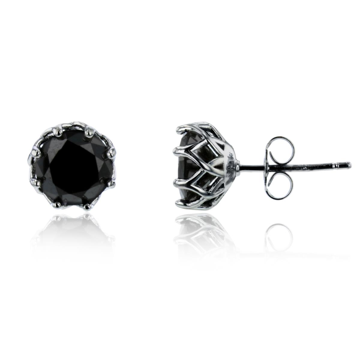 Sterling Silver Rhodium 8mm Round Cut Black Nano Solitaire Stud Earring