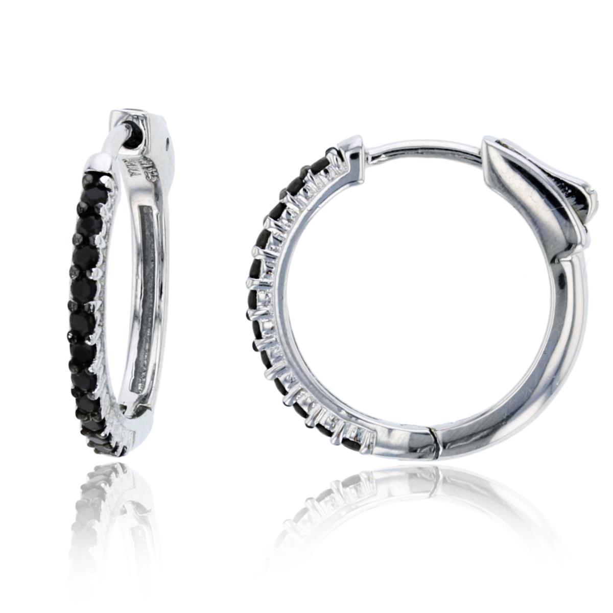 Sterling Silver Rhodium One-Row Pave Black Spinel Hoop Earring with Safety Lock